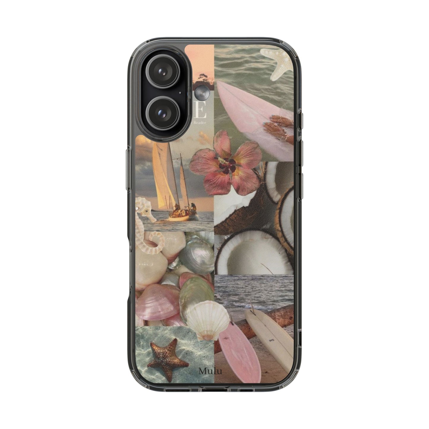 Clear Phone Case — Coastal Collage Shells & Surf Design