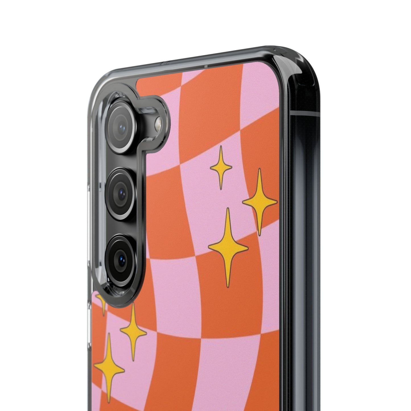 Clear Impact-Resistant Case — Retro Pink & Orange Checker with Sparkle Stars