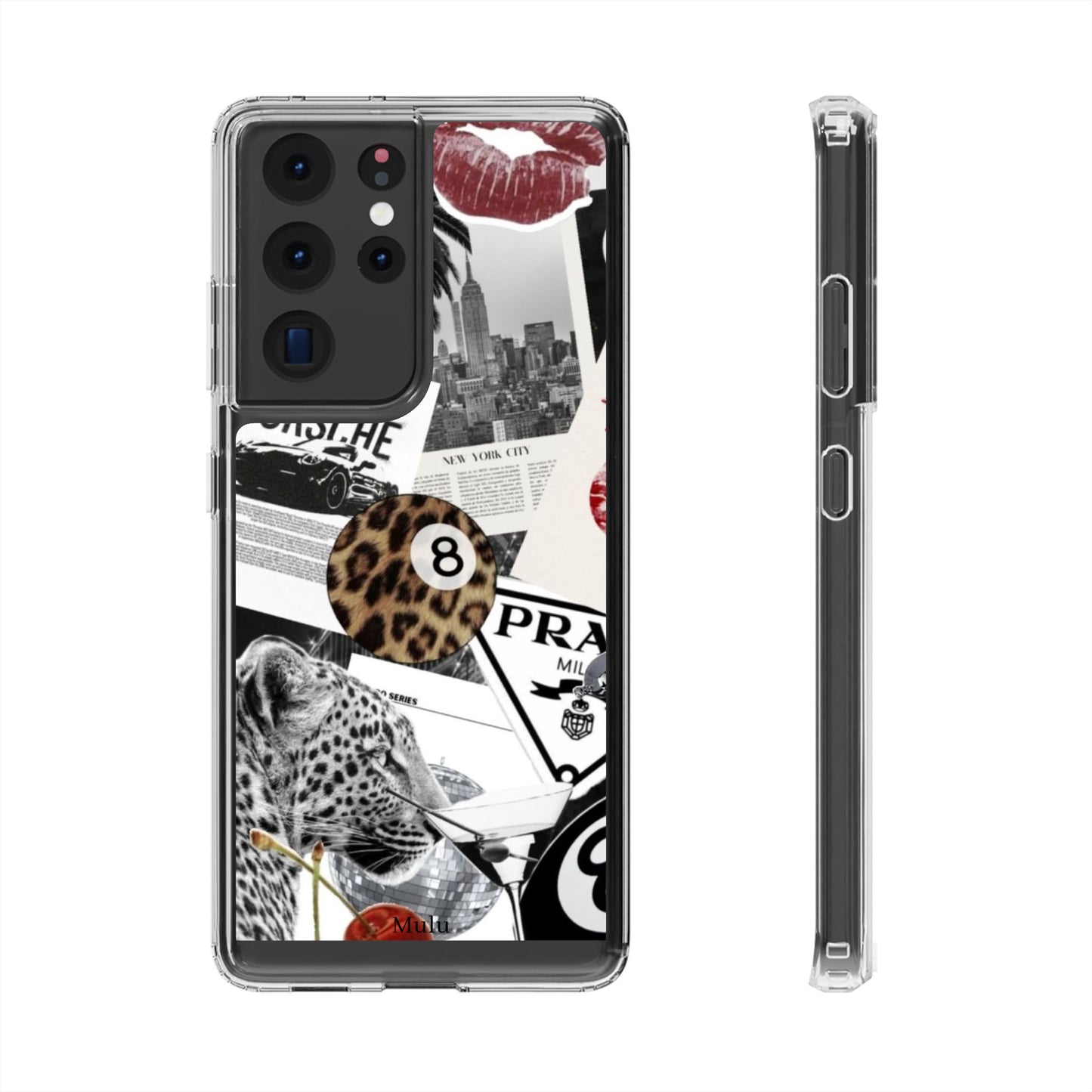 Clear Impact-Resistant Phone Case — Collage Luxury Leopard & Vintage Car Design