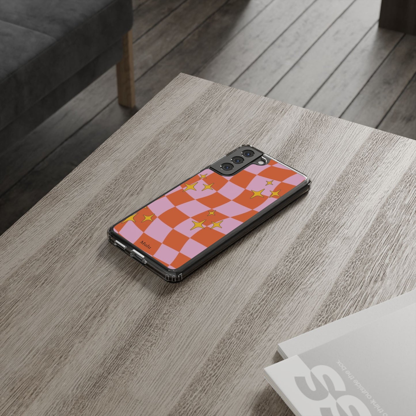 Clear Impact-Resistant Case — Retro Pink & Orange Checker with Sparkle Stars