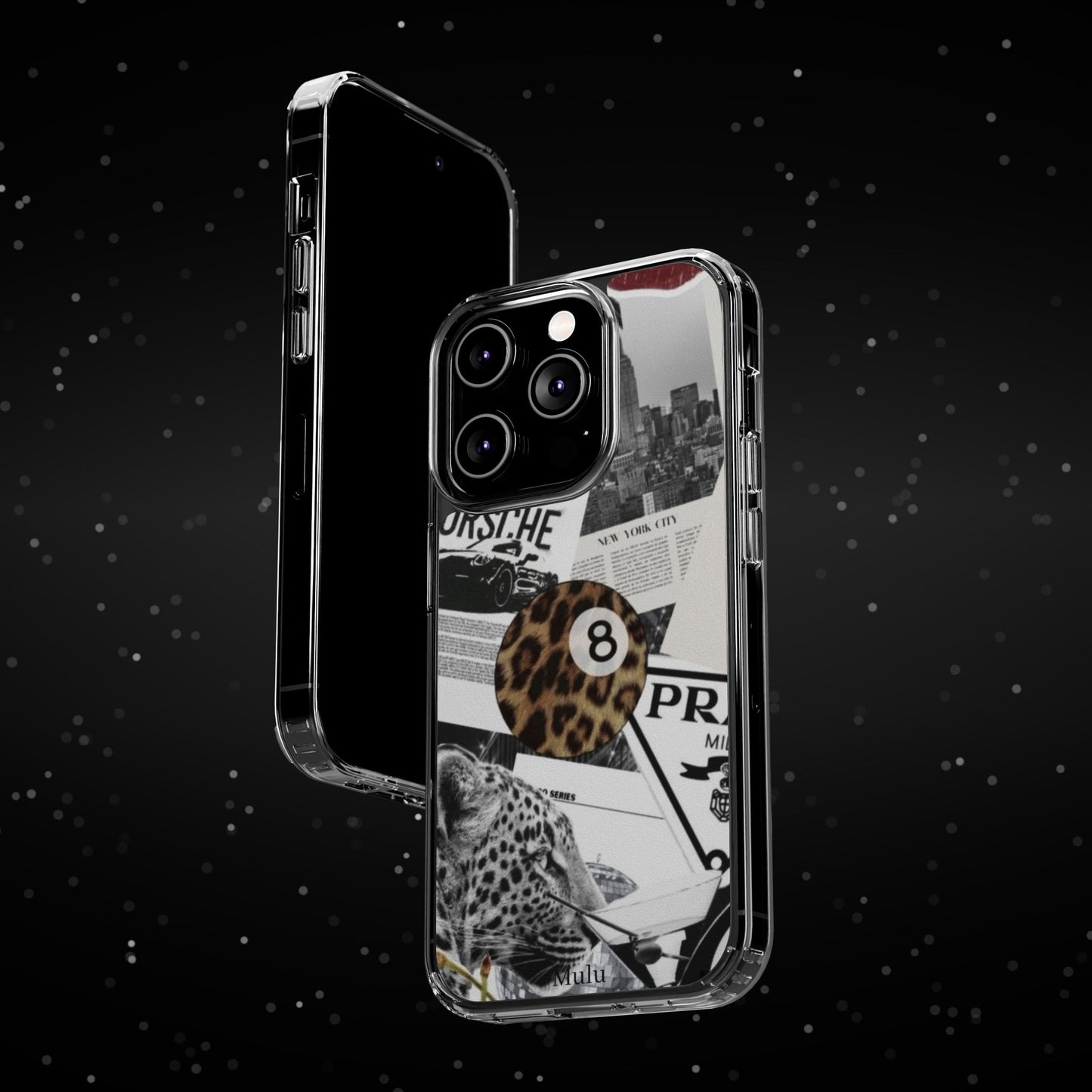 Clear Impact-Resistant Phone Case — Collage Luxury Leopard & Vintage Car Design