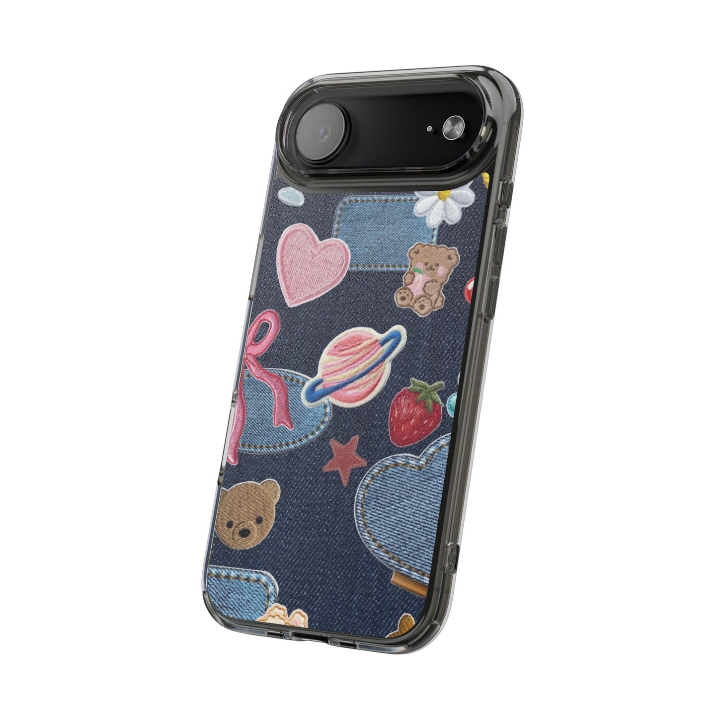 Clear Impact-Resistant Phone Case — Cute Denim Patch Collage (Teddy, Strawberry, Planet)