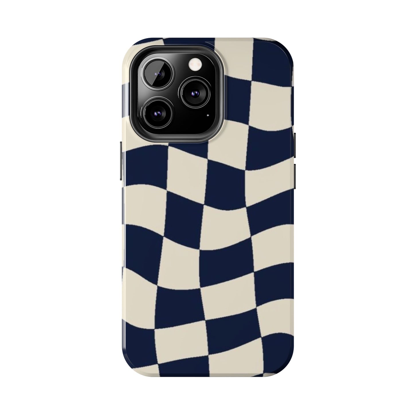 Wavy Checkerboard Tough Phone Case — Navy & Cream Protective Cover