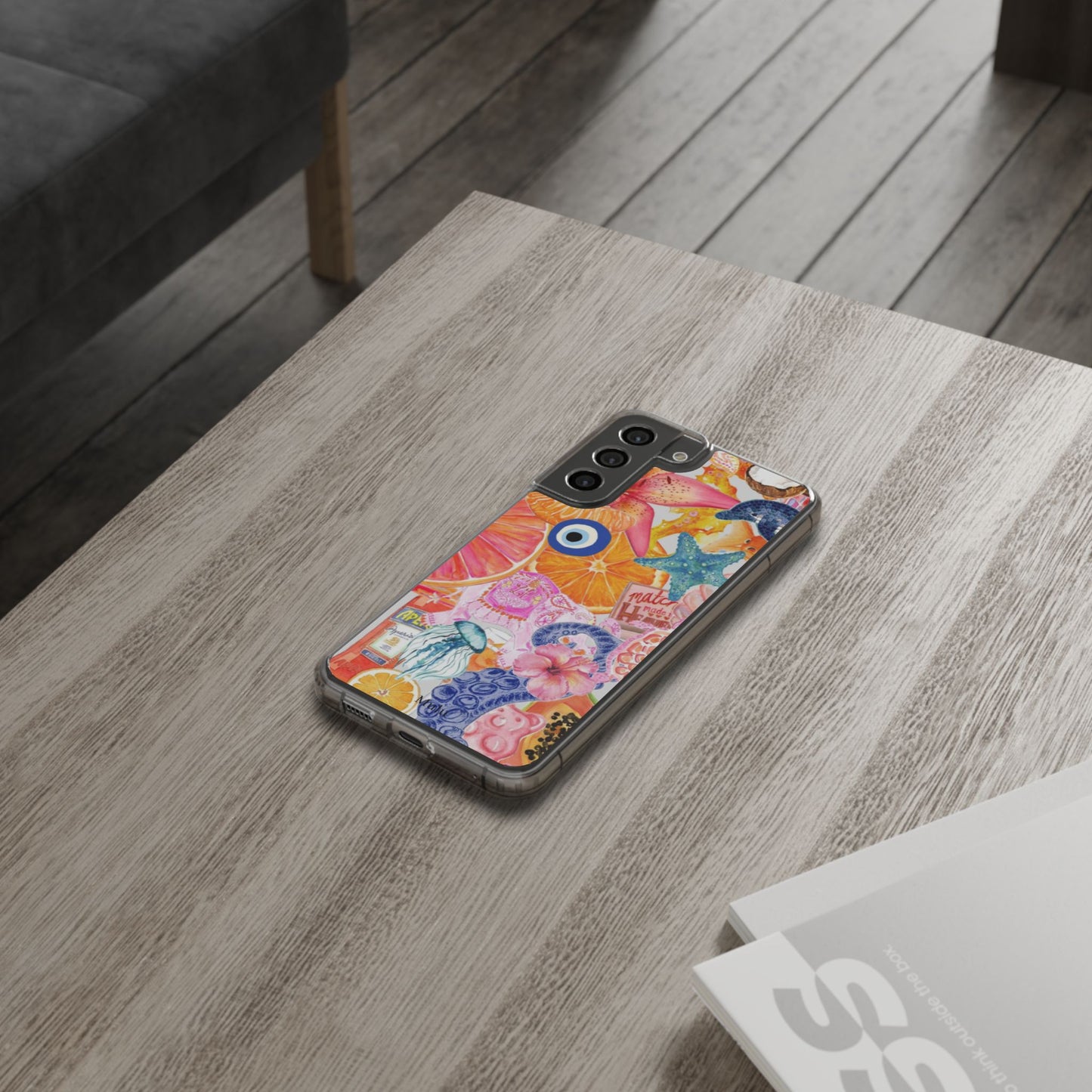 Clear Impact-Resistant Phone Case — Colorful Tropical Collage Design