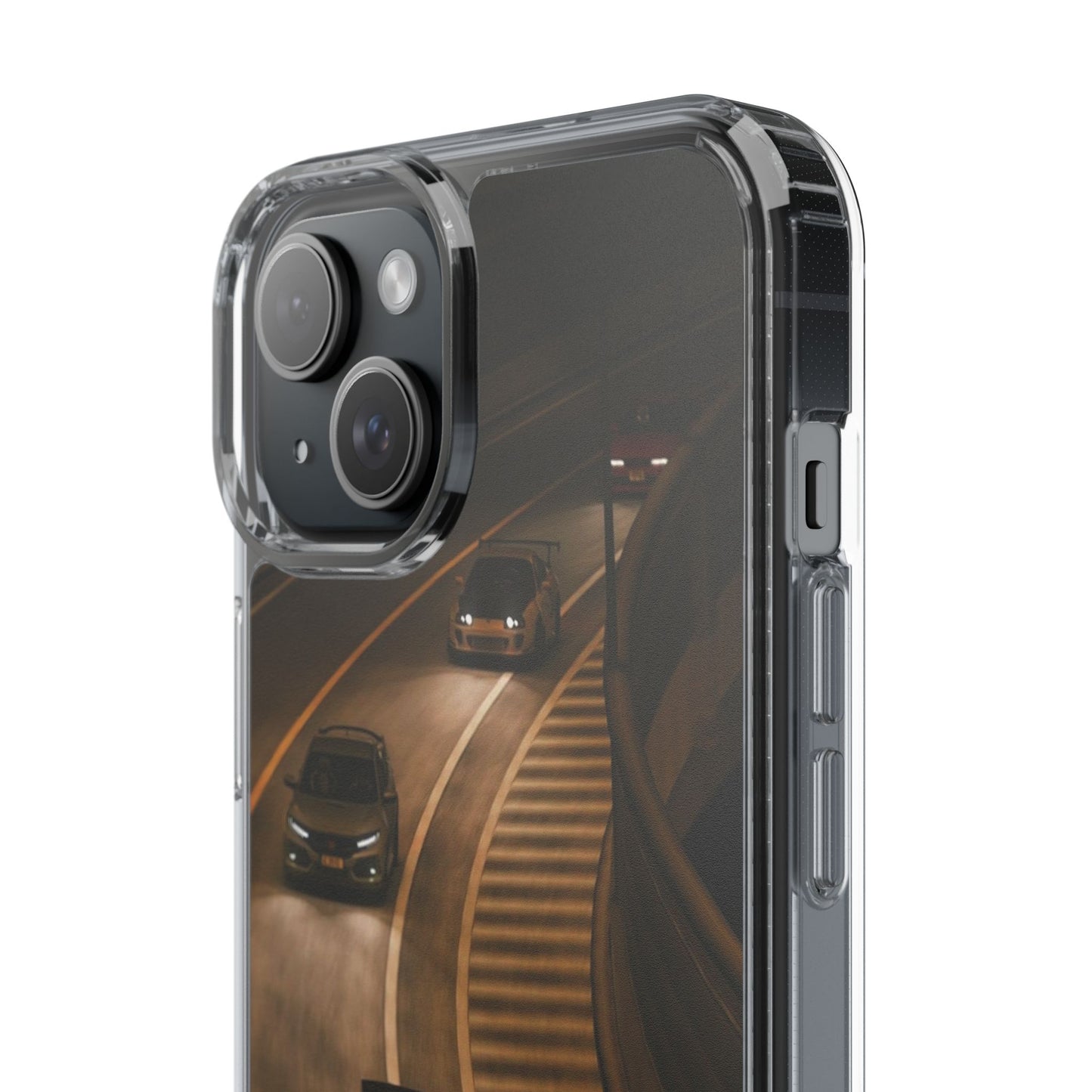 Racing Night Clear Phone Case – Sports Cars on Curved Highway