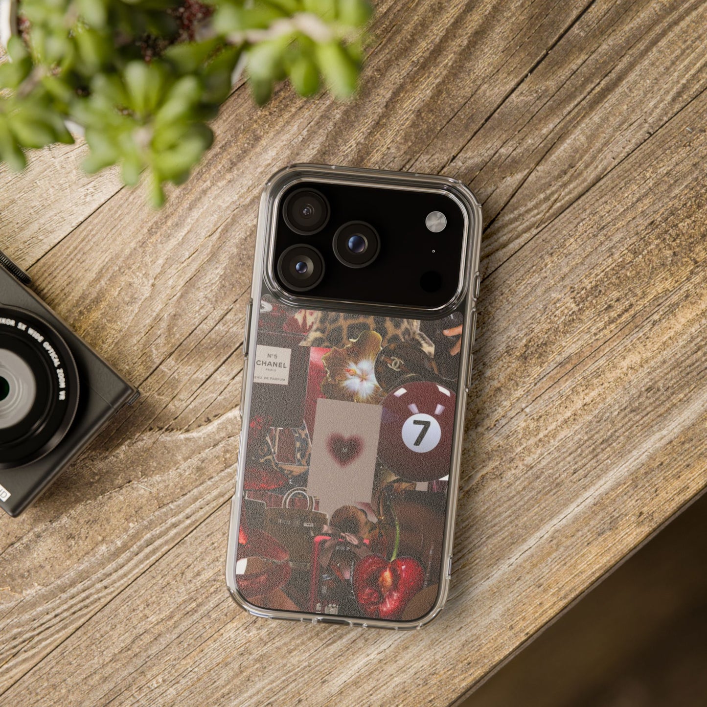 Clear Impact-Resistant Phone Case — Retro Cherry Collage Design
