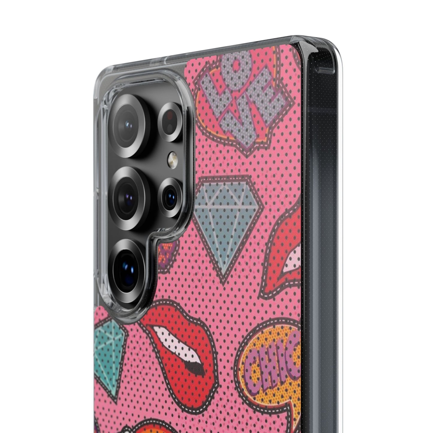 Clear Impact-Resistant Phone Case — Pink Pop Sticker Pattern (Hearts, Rainbows, Smileys)