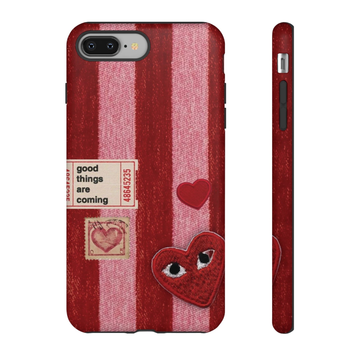 Phone Case — Red Striped Heart Design with “Good Things Are Coming”