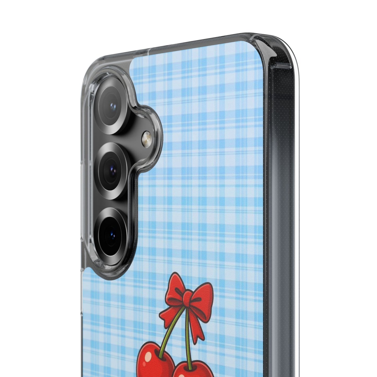 Clear Cherry Gingham Phone Case — Impact-Resistant Clear Case with Red Cherry Design