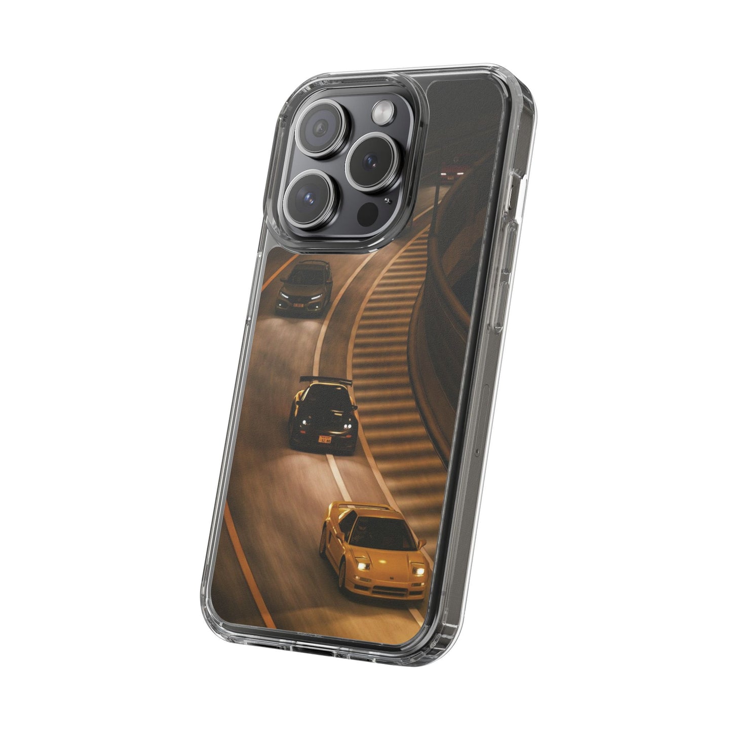 Racing Night Clear Phone Case – Sports Cars on Curved Highway
