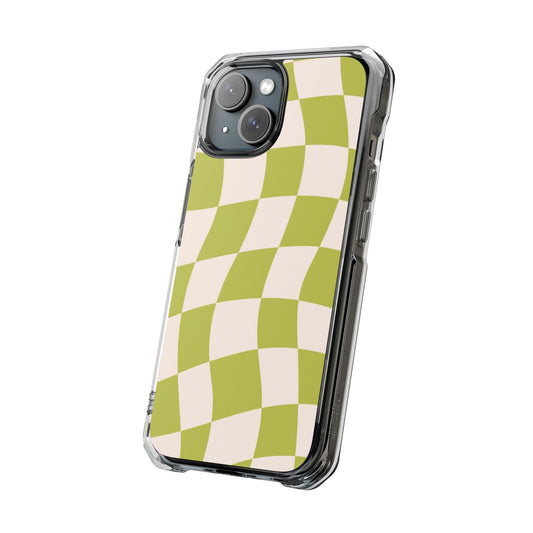 Clear Magnetic Phone Case — Olive Retro Check Pattern
