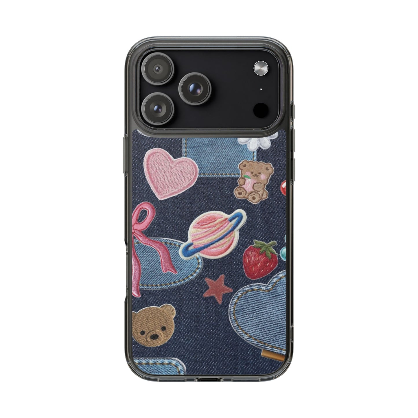 Clear Impact-Resistant Phone Case — Cute Denim Patch Collage (Teddy, Strawberry, Planet)