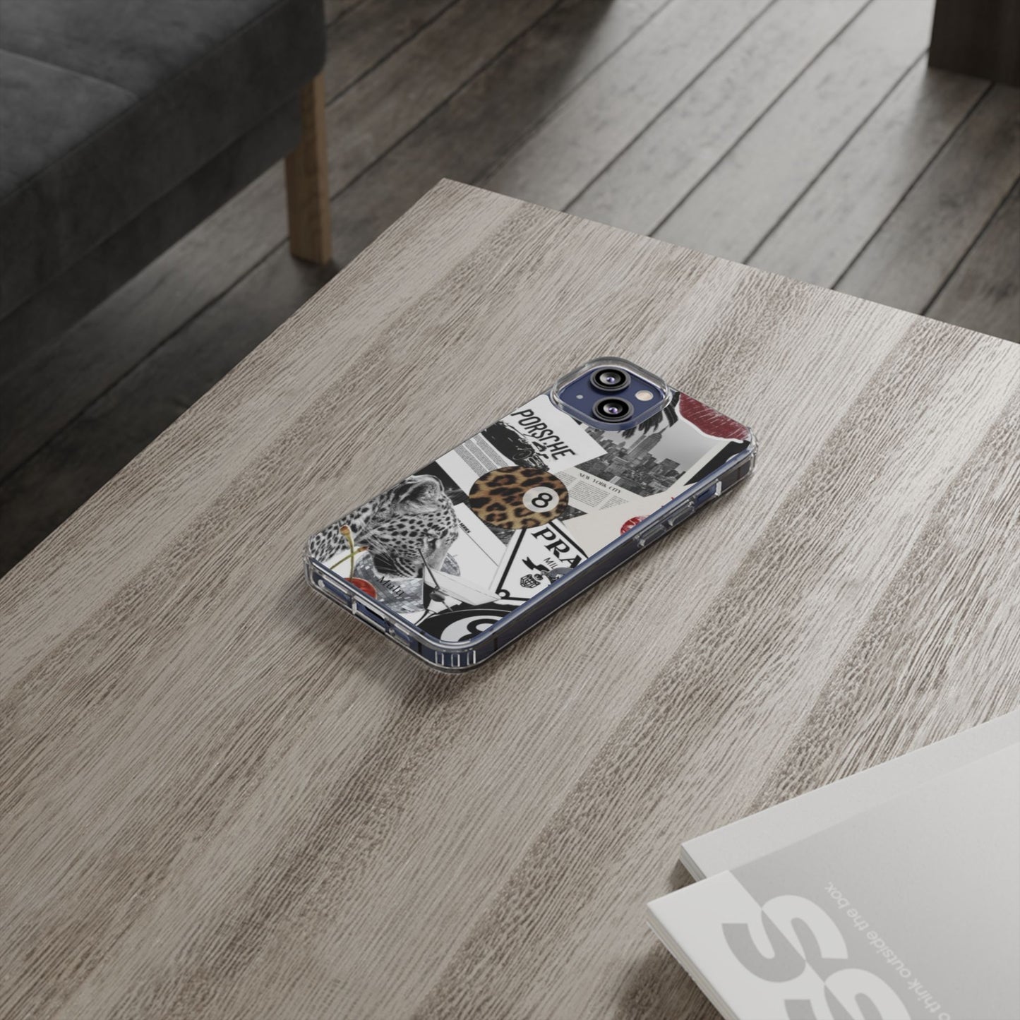 Clear Impact-Resistant Phone Case — Collage Luxury Leopard & Vintage Car Design