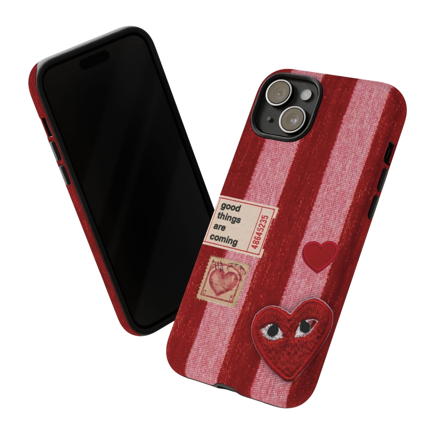 Phone Case — Red Striped Heart Design with “Good Things Are Coming”