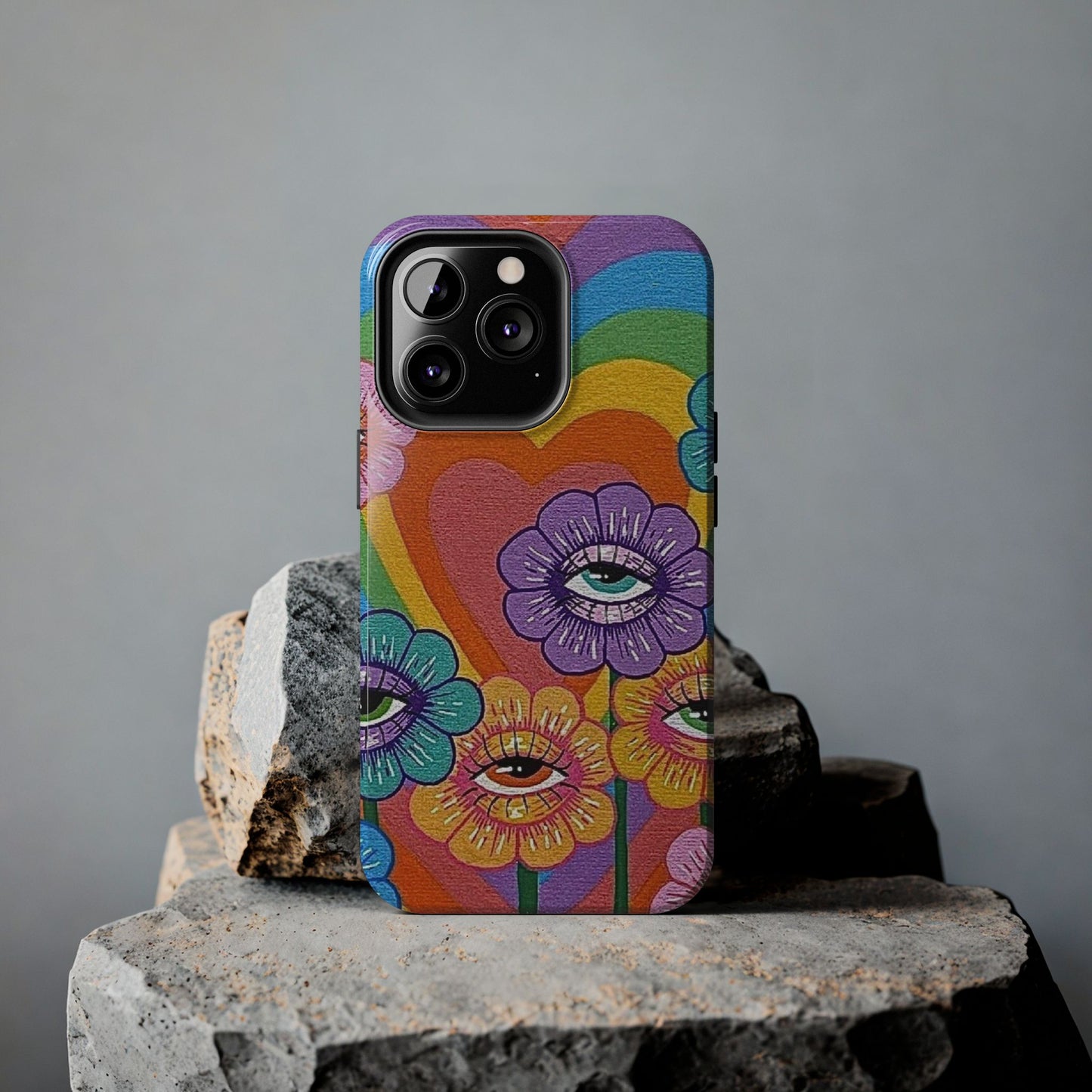 Psychedelic Eye Flower Tough Phone Case — Retro Rainbow Protective iPhone Cover