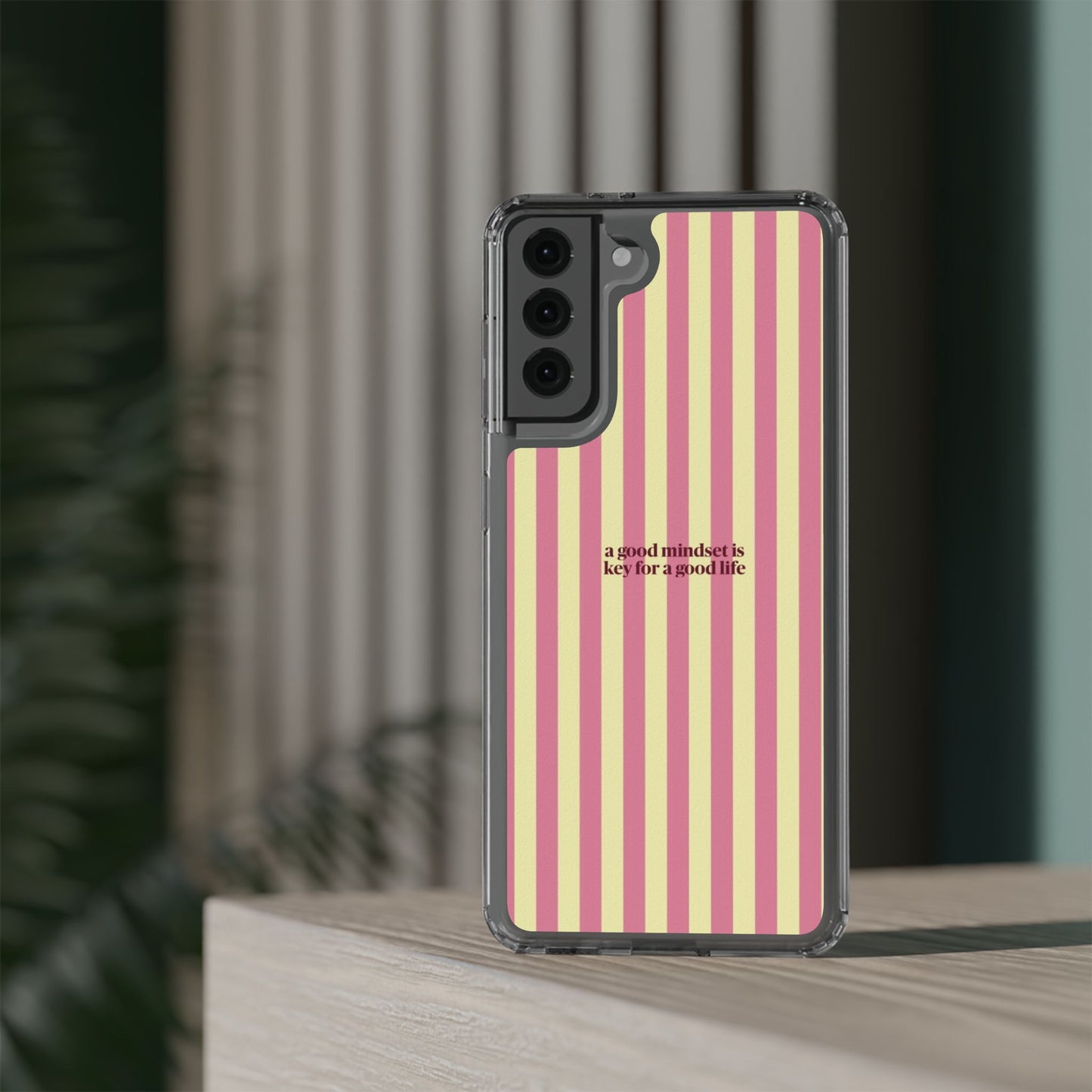 Striped Clear Phone Case — "A Good Mindset Is Key for a Good Life" Motivational iPhone Case