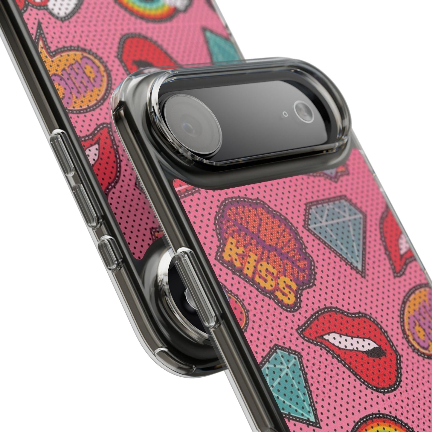 Clear Impact-Resistant Phone Case — Pink Pop Sticker Pattern (Hearts, Rainbows, Smileys)