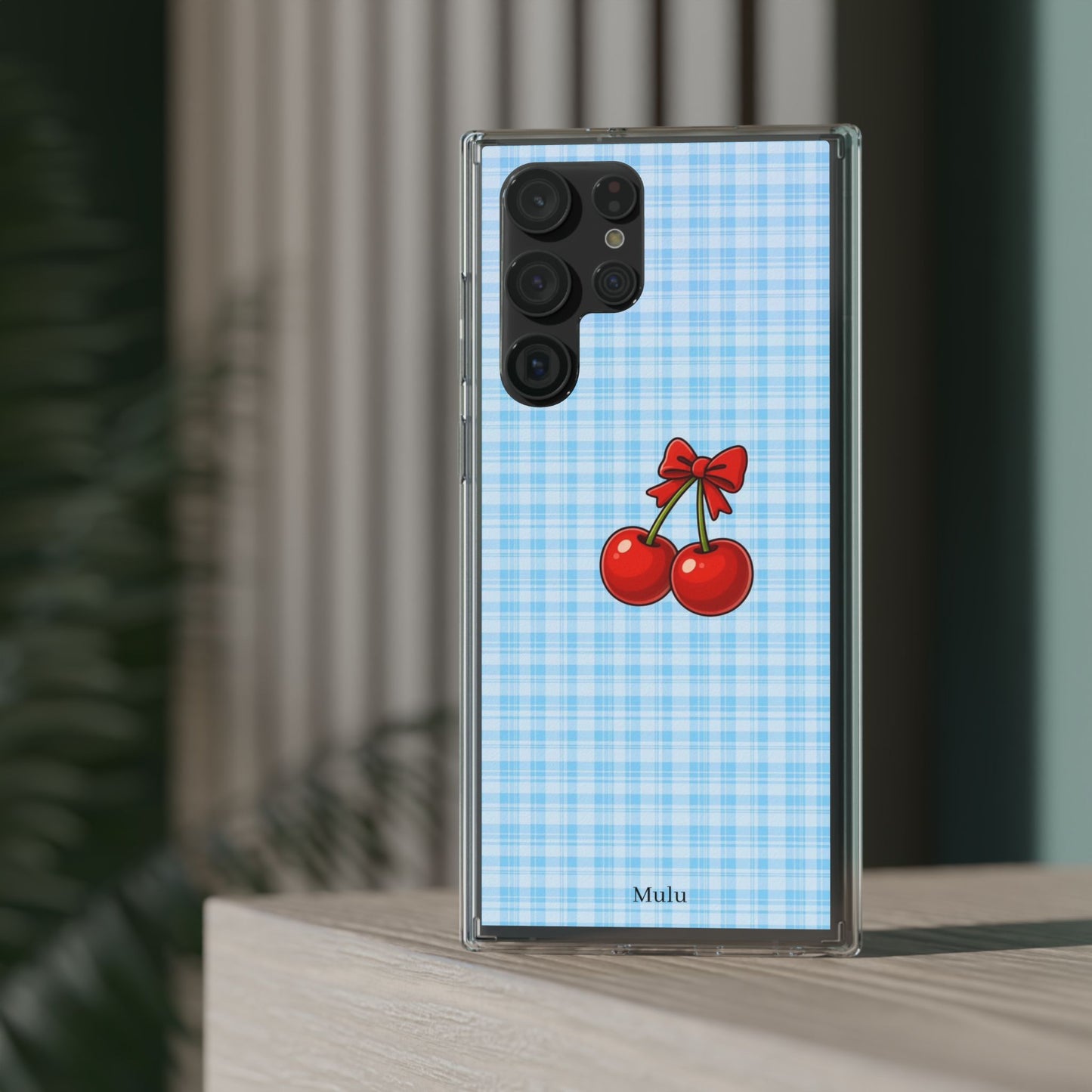 Clear Cherry Gingham Phone Case — Impact-Resistant Clear Case with Red Cherry Design