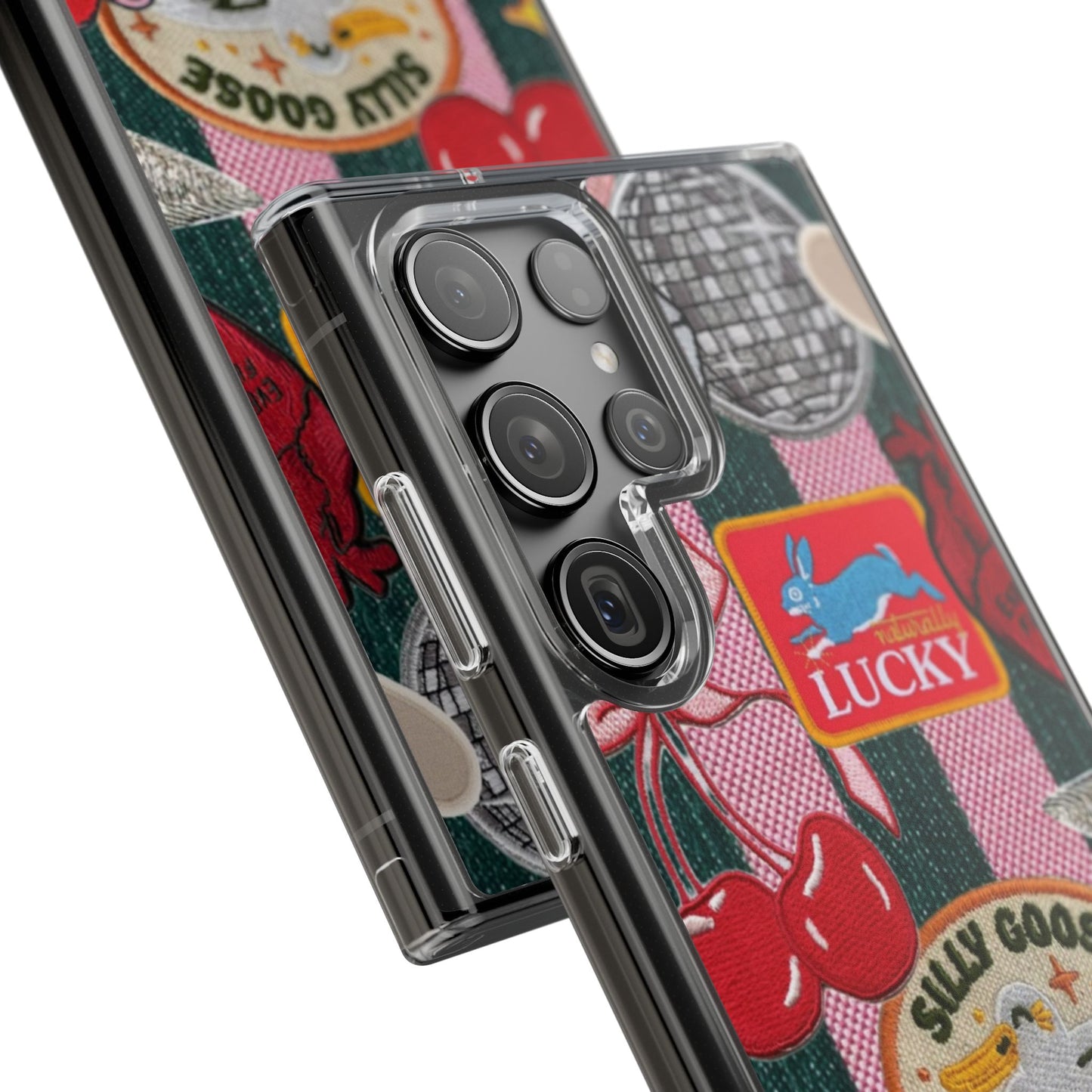 Clear Impact-Resistant Phone Case — Retro Patchwork Stickers (Lucky, Cherries, Silly Goose)