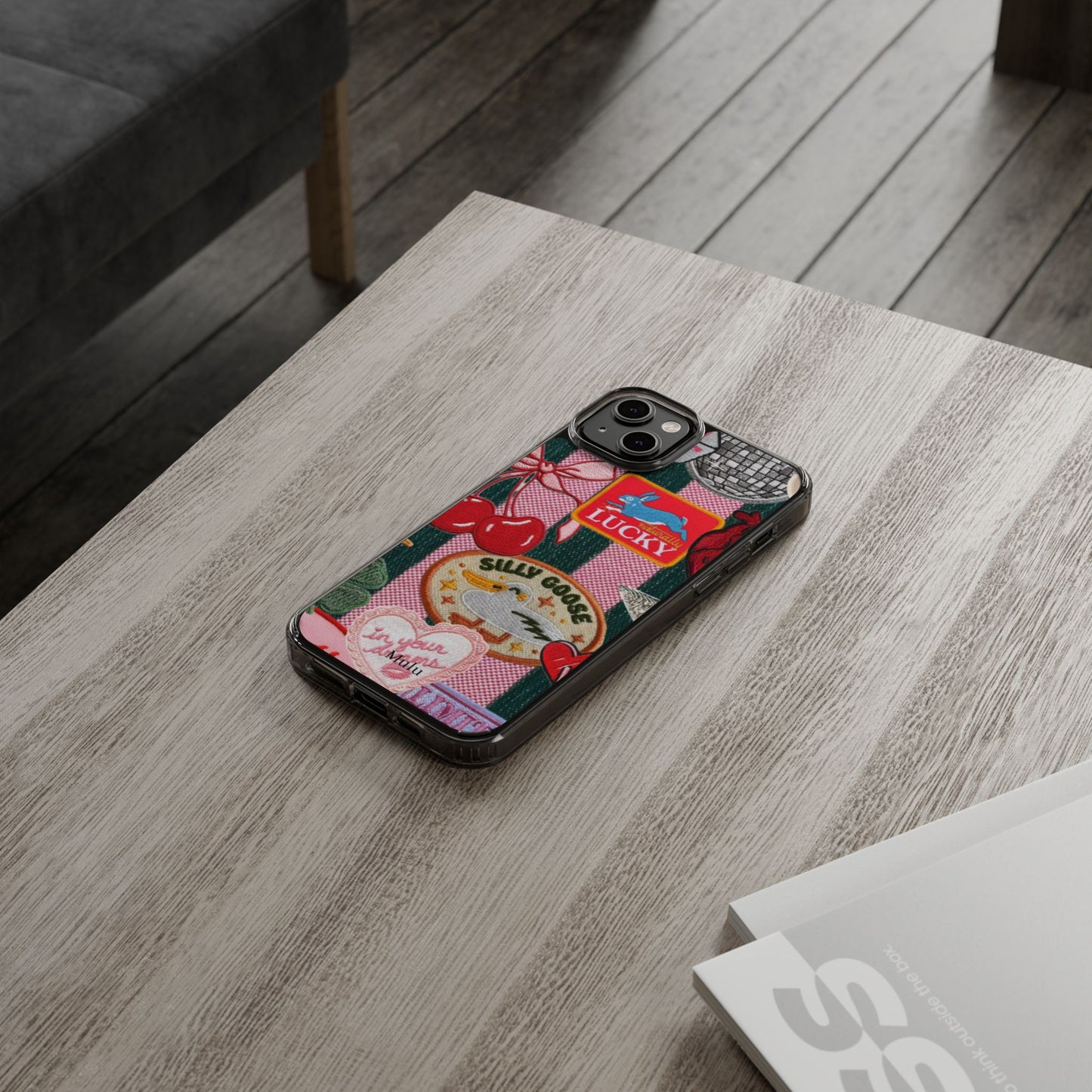 Clear Impact-Resistant Phone Case — Retro Patchwork Stickers (Lucky, Cherries, Silly Goose)