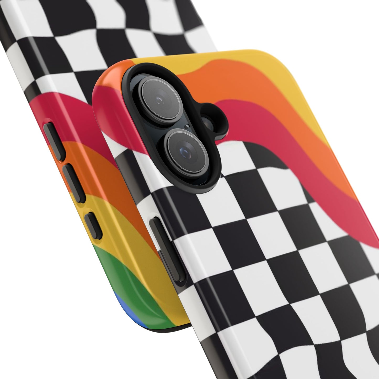 Retro Wavy Checkerboard Tough Phone Case — Rainbow Surf Skate Design