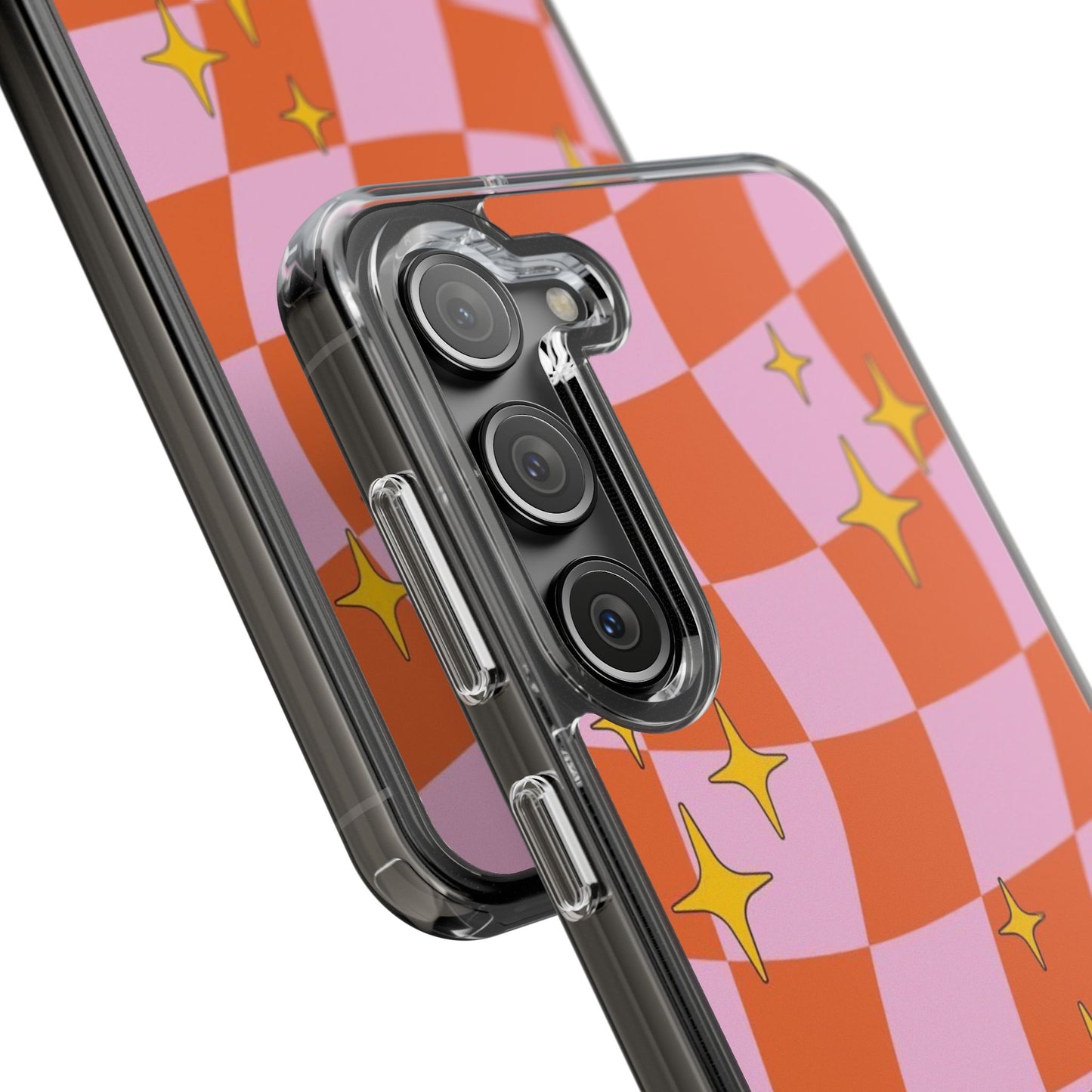 Clear Impact-Resistant Case — Retro Pink & Orange Checker with Sparkle Stars