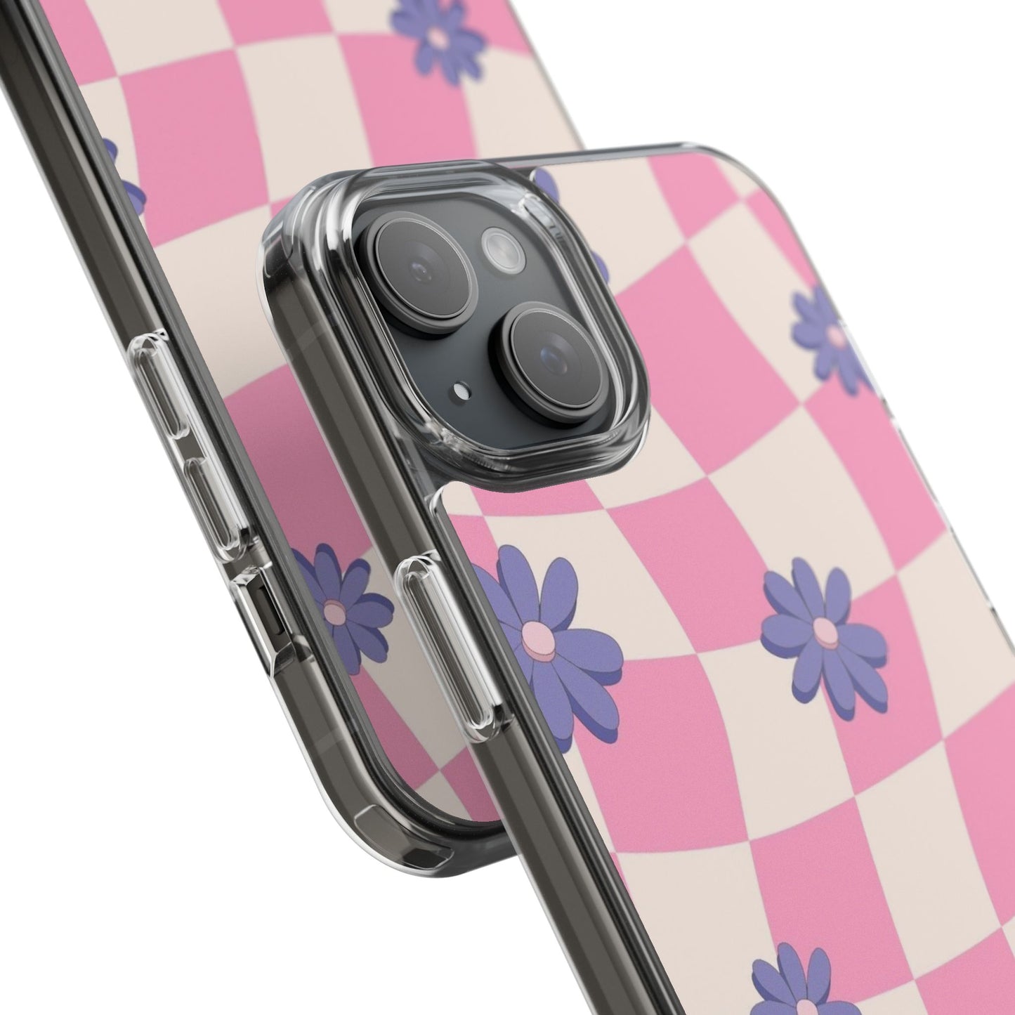 Clear Impact Phone Case — Pink Checkerboard with Purple Flowers