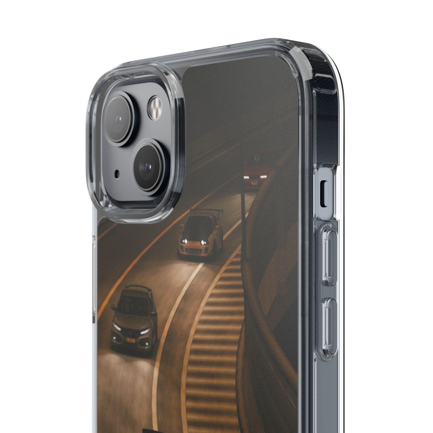 Racing Night Clear Phone Case – Sports Cars on Curved Highway