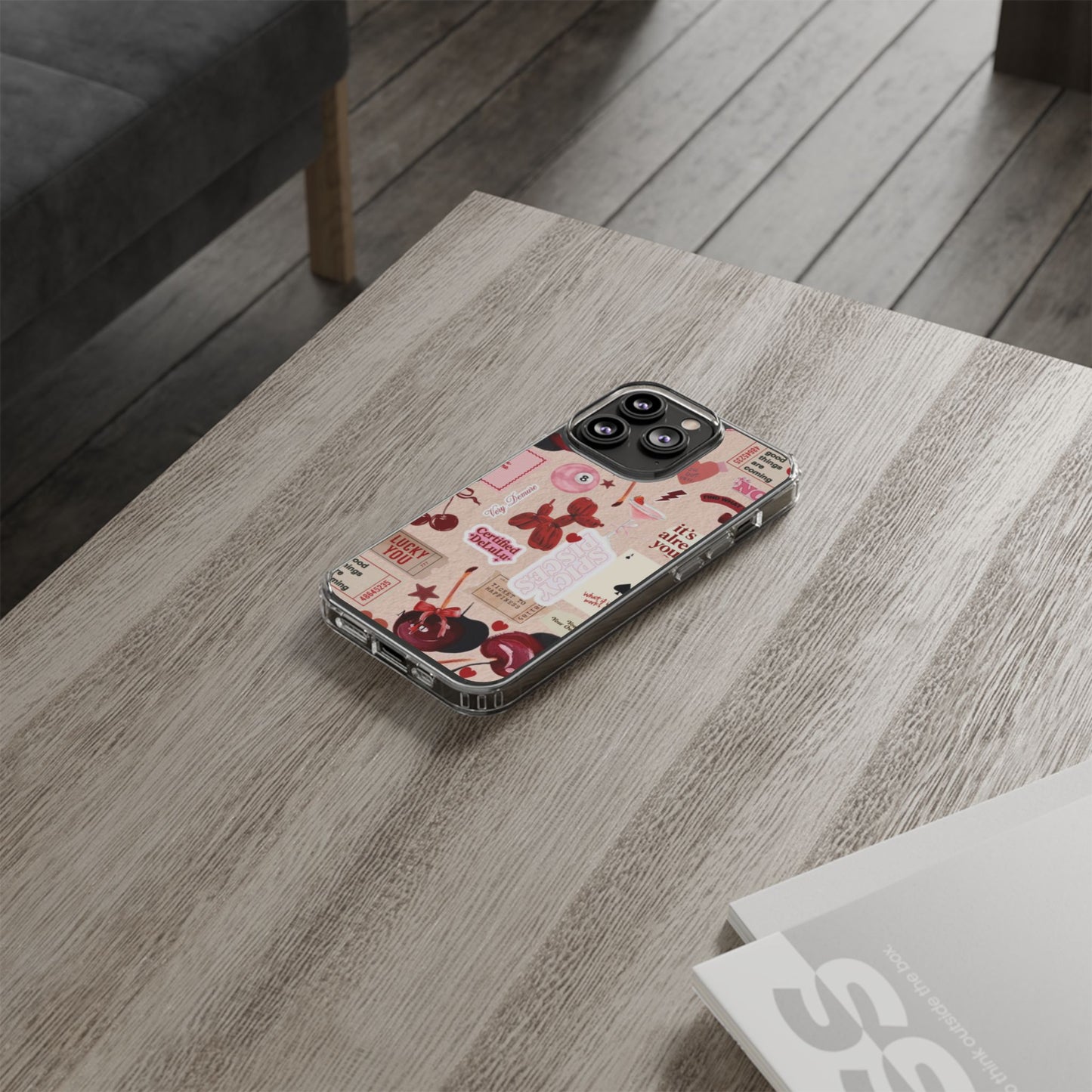 Clear Impact-Resistant Phone Case — Retro Cherry & Sticker Collage