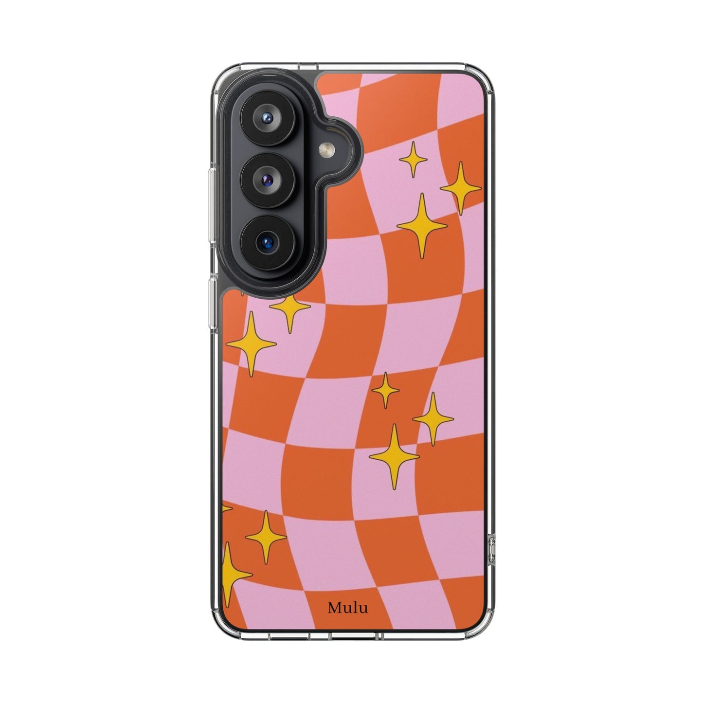 Clear Impact-Resistant Case — Retro Pink & Orange Checker with Sparkle Stars