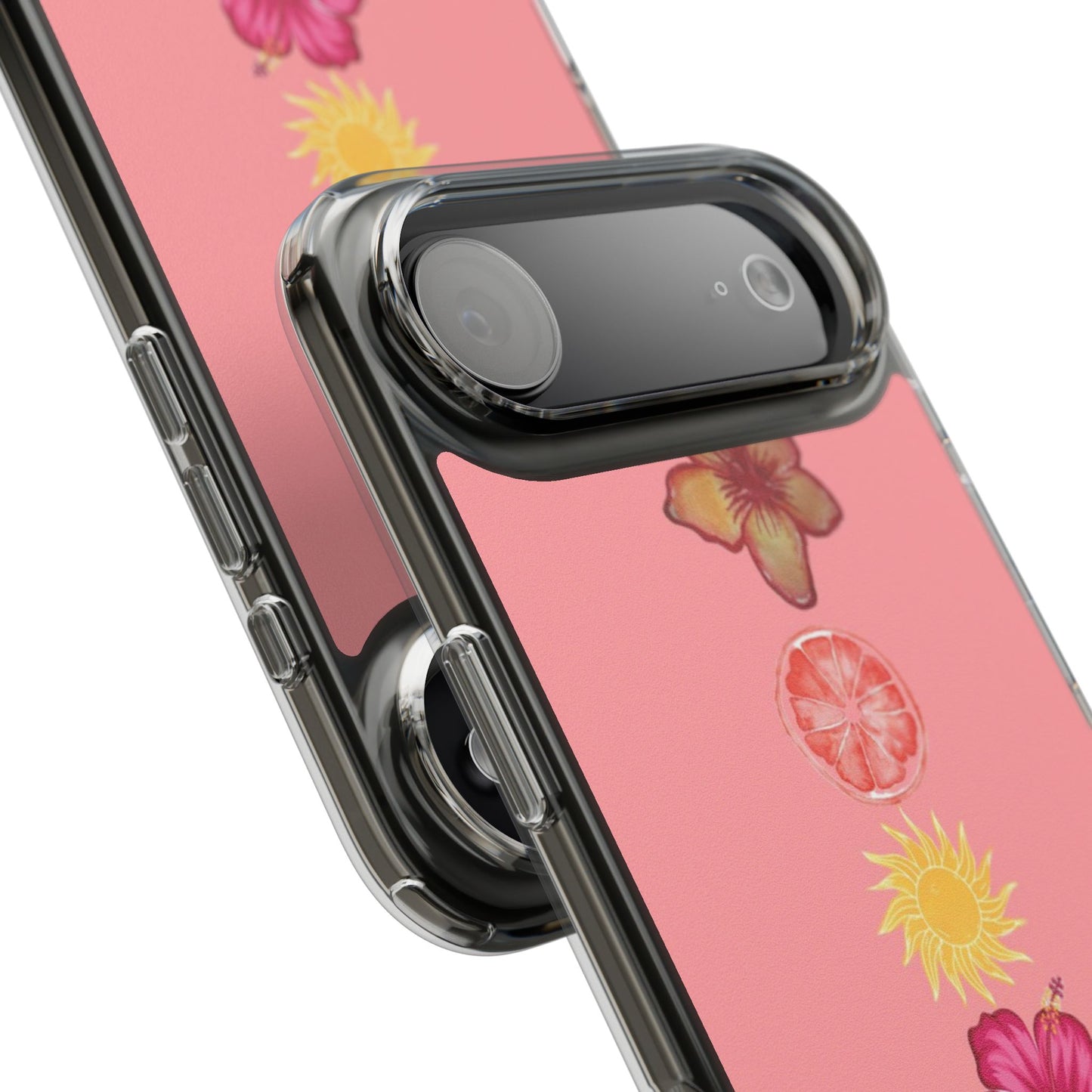 Clear Impact-Resistant Phone Case — Tropical Sun & Hibiscus Floral Design