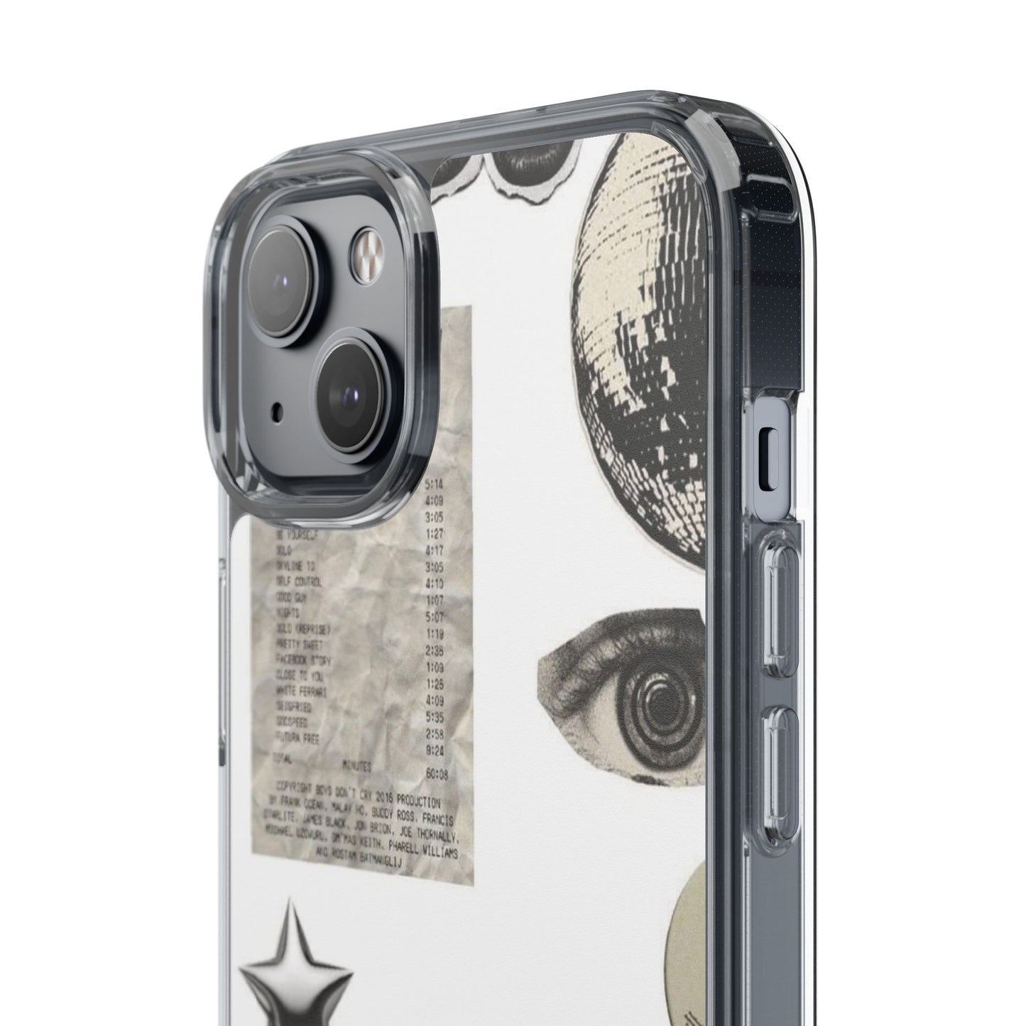 Clear Phone Case — Vintage Collage Stickers (Moon, Eye, Car, Cherries)