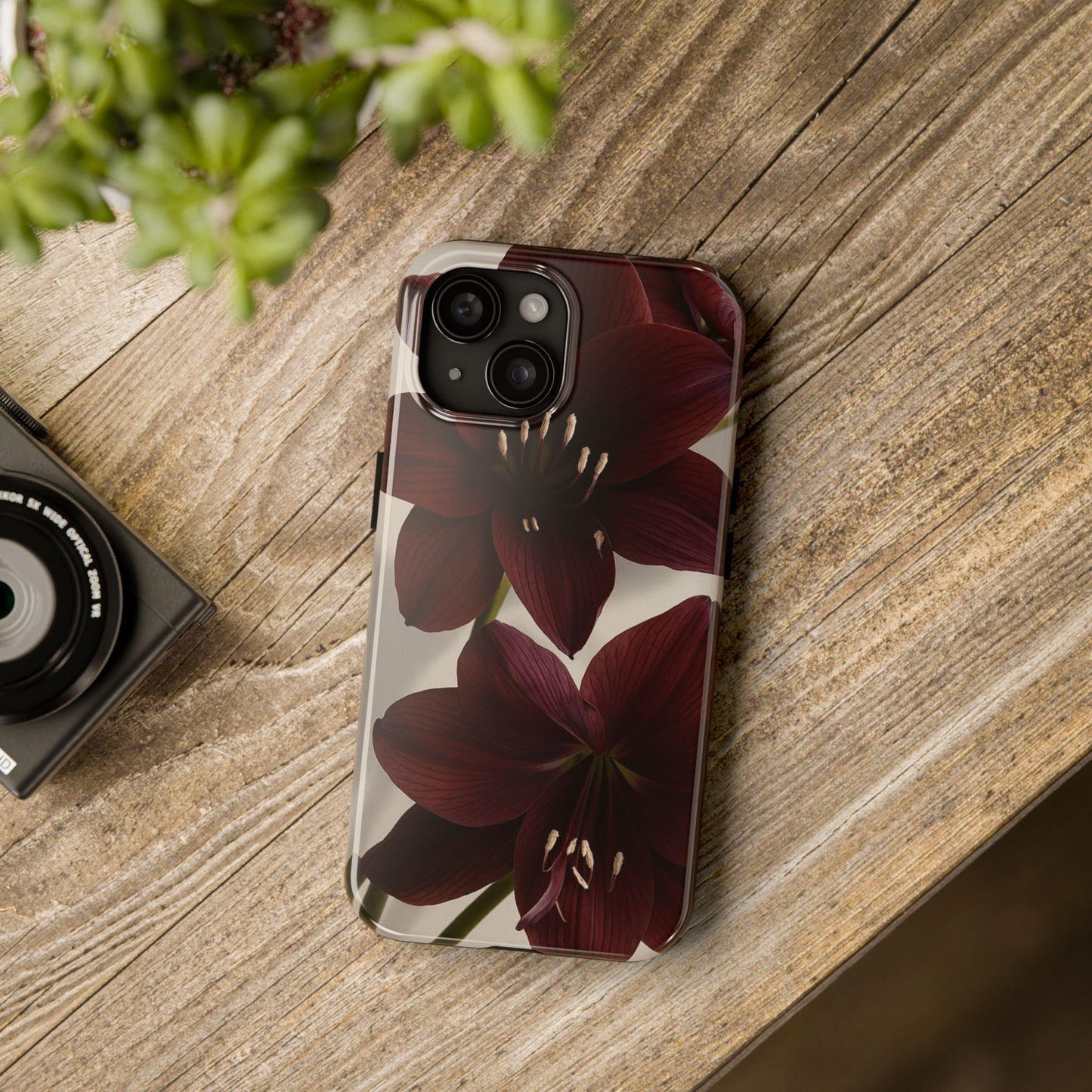 Amaryllis Noir Tough Phone Case — Dark Burgundy Floral Protective Cover