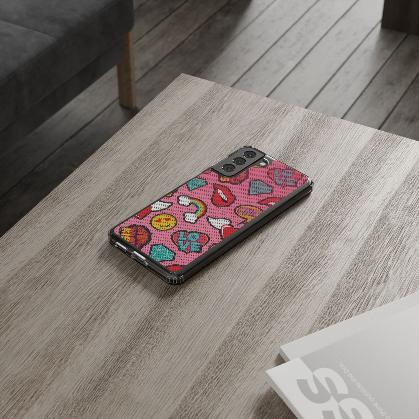 Clear Impact-Resistant Phone Case — Pink Pop Sticker Pattern (Hearts, Rainbows, Smileys)