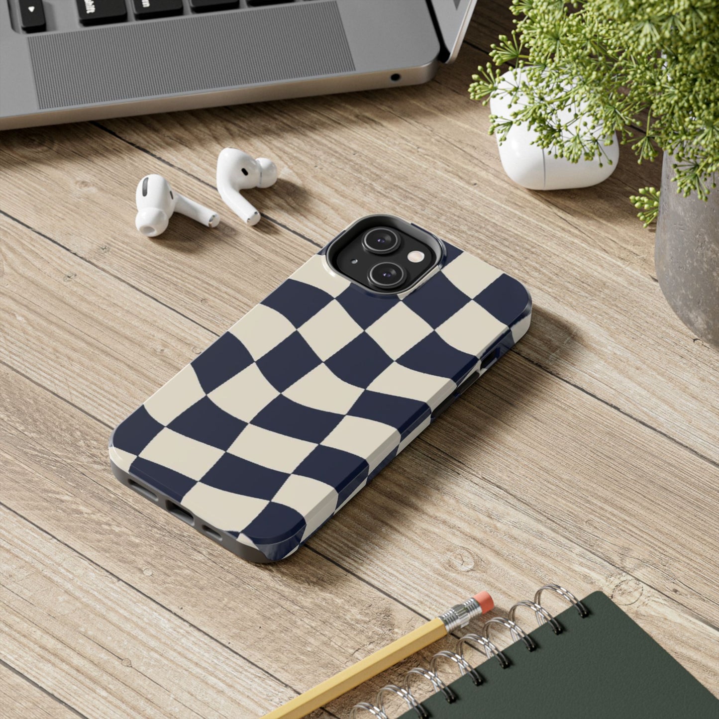 Wavy Checkerboard Tough Phone Case — Navy & Cream Protective Cover