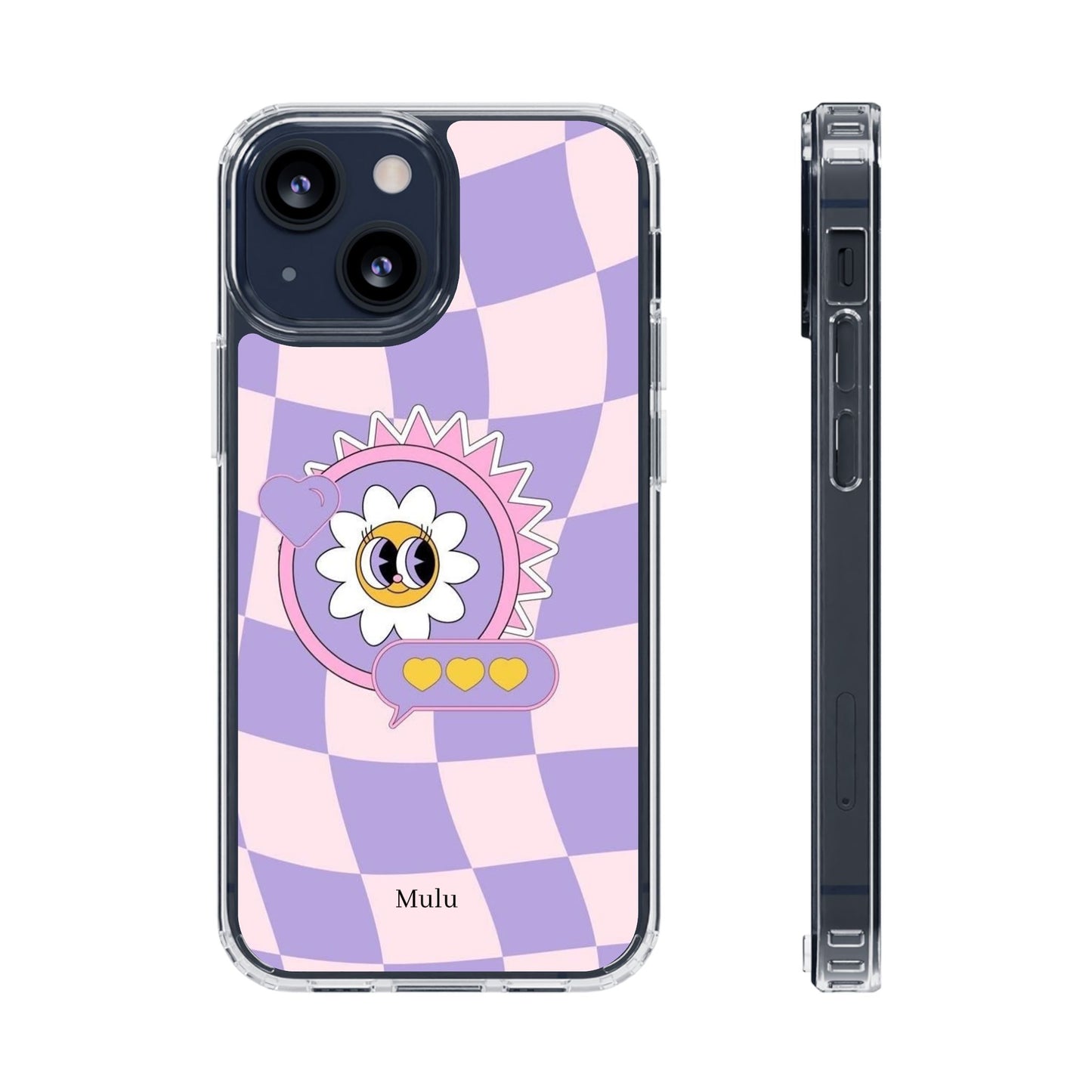Clear Impact-Resistant Case — Cute Purple Checkerboard Dino with 'Mulu'