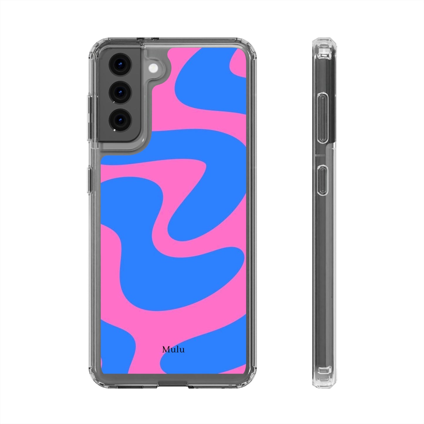 Clear Impact-Resistant Phone Case — Retro Blue & Pink Abstract Swirl