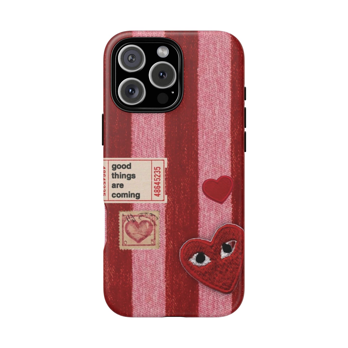Phone Case — Red Striped Heart Design with “Good Things Are Coming”
