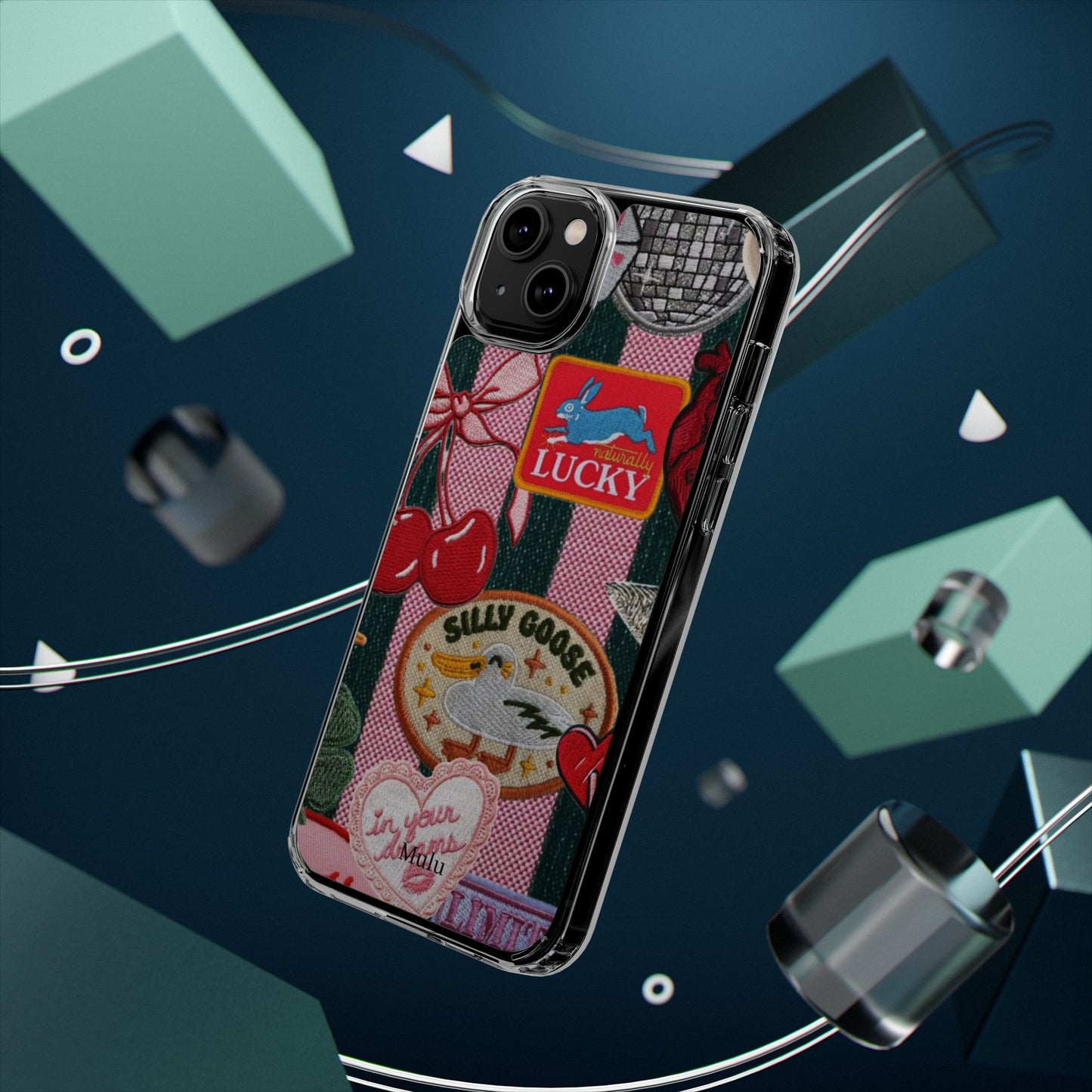 Clear Impact-Resistant Phone Case — Retro Patchwork Stickers (Lucky, Cherries, Silly Goose)
