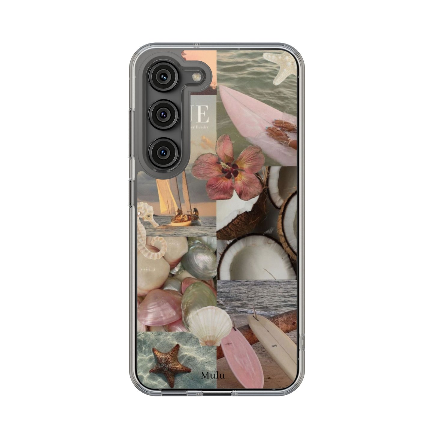 Clear Phone Case — Coastal Collage Shells & Surf Design