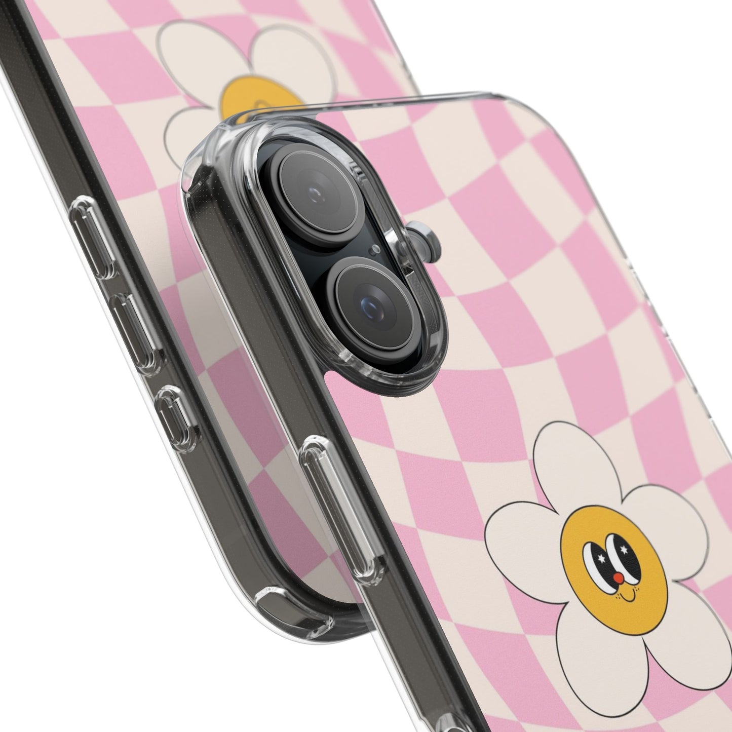 Clear Impact-Resistant Phone Case — Pink Checkerboard Daisy Design