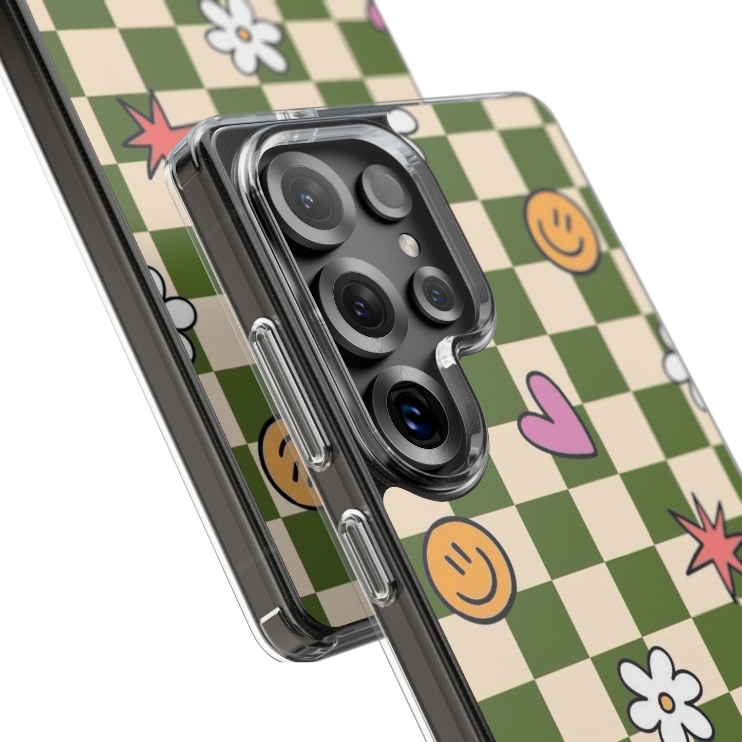 Clear Impact-Resistant Case — Retro Green Checkerboard with Smiley, Hearts & Flowers