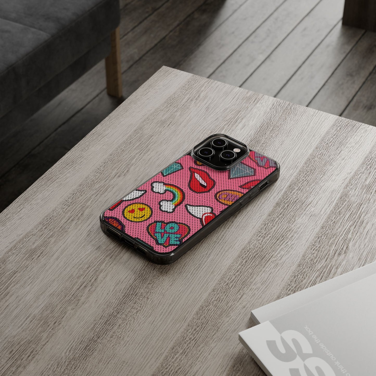 Clear Impact-Resistant Phone Case — Pink Pop Sticker Pattern (Hearts, Rainbows, Smileys)