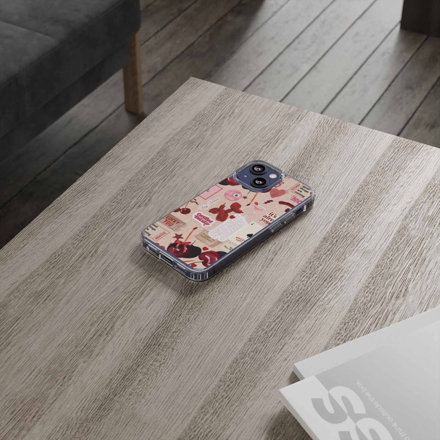 Clear Impact-Resistant Phone Case — Retro Cherry & Sticker Collage