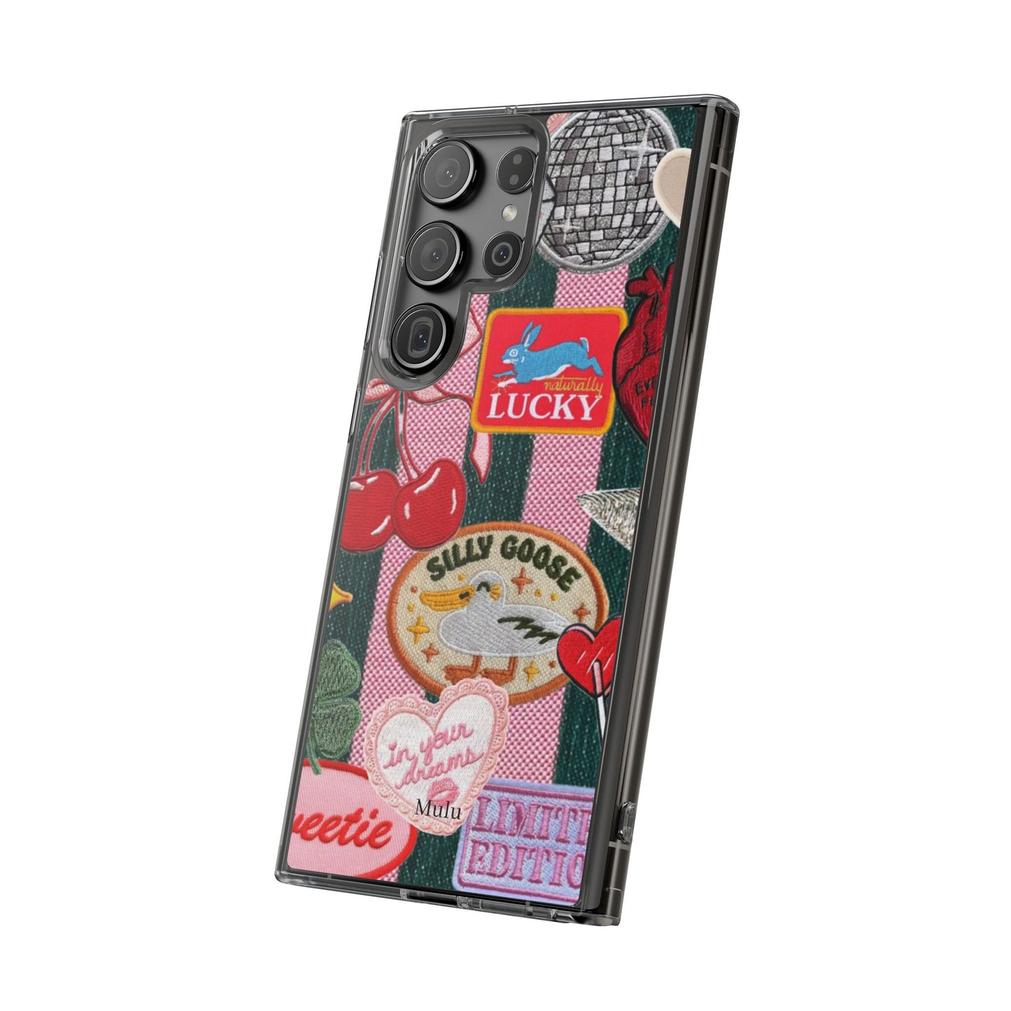 Clear Impact-Resistant Phone Case — Retro Patchwork Stickers (Lucky, Cherries, Silly Goose)