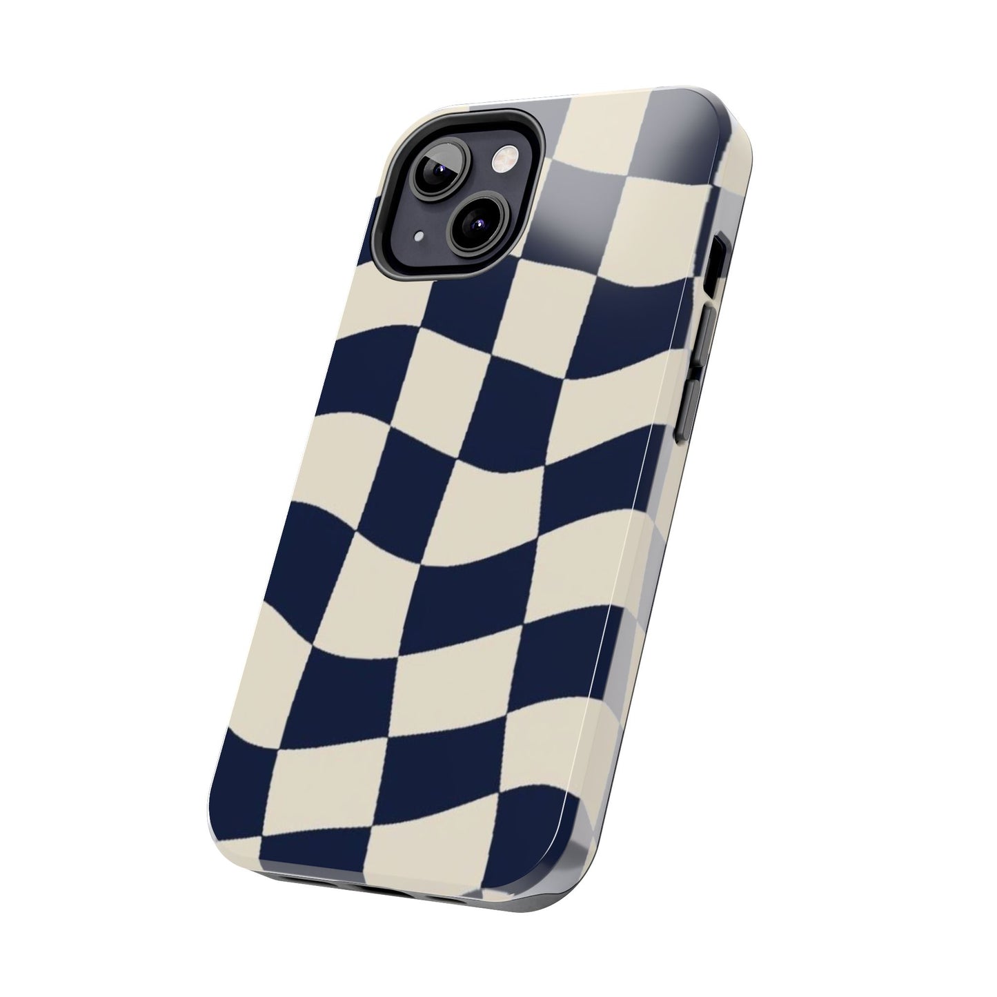 Wavy Checkerboard Tough Phone Case — Navy & Cream Protective Cover