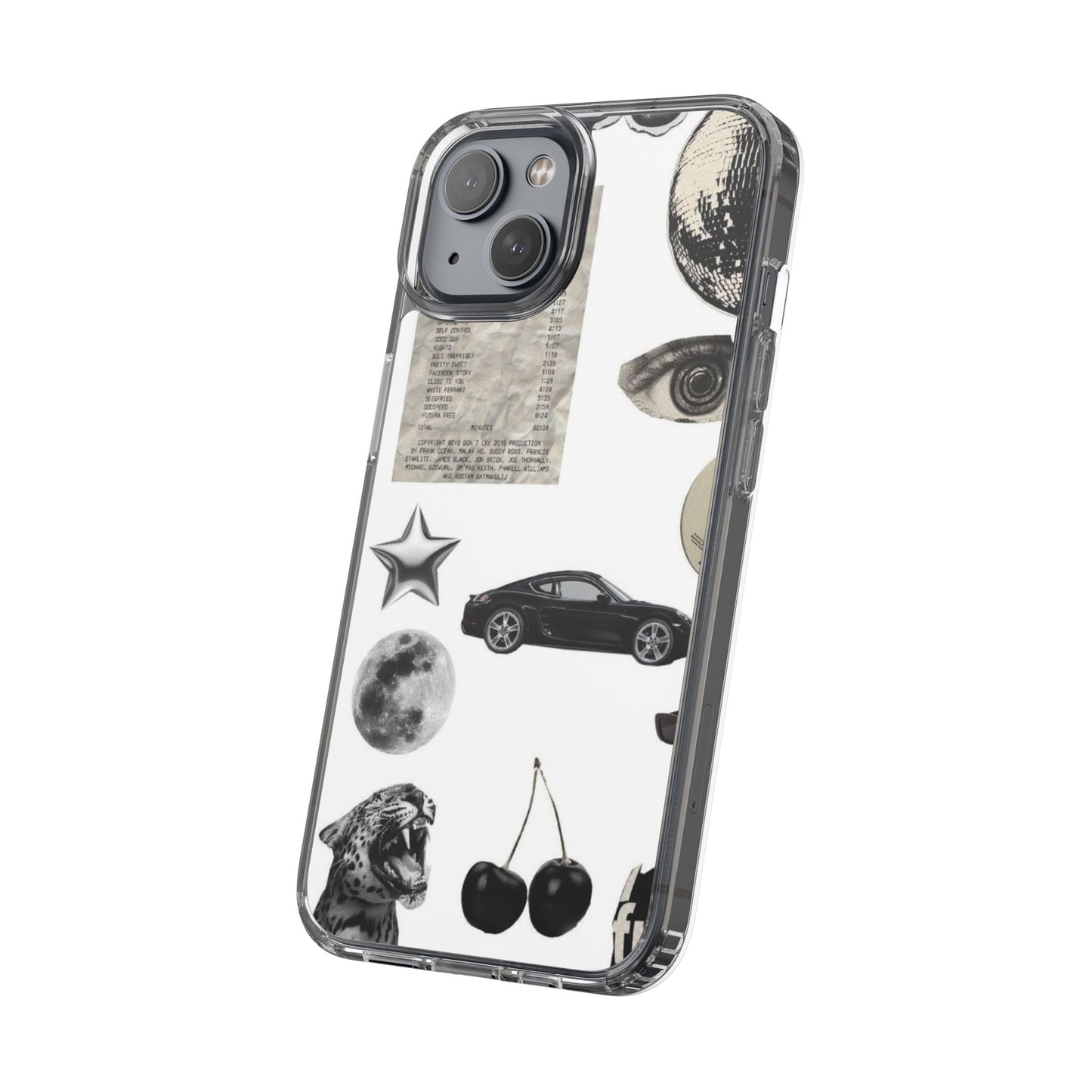 Clear Phone Case — Vintage Collage Stickers (Moon, Eye, Car, Cherries)