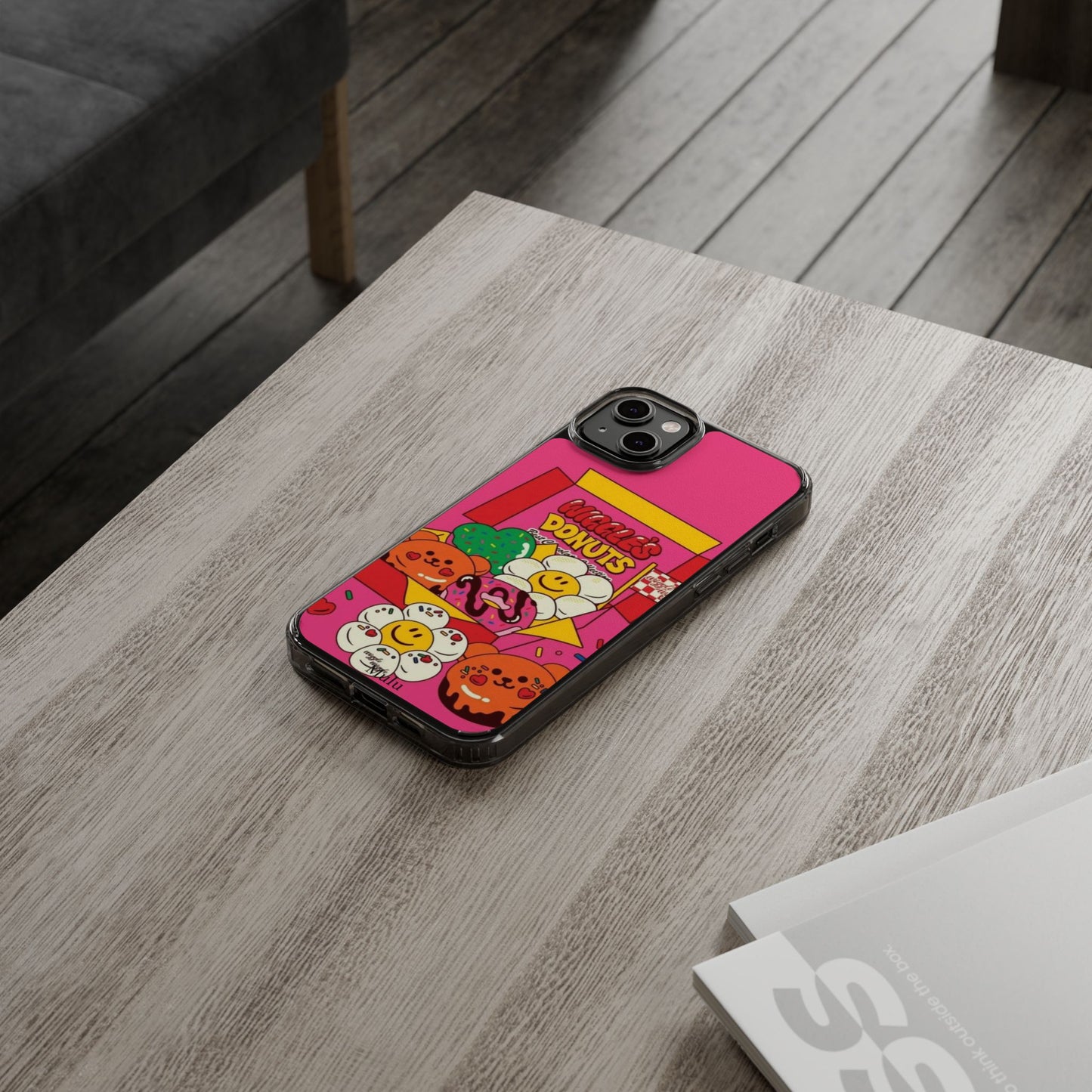 Donut Box Cute Phone Case — Clear Impact‑Resistant iPhone Cover with Smiling Donuts