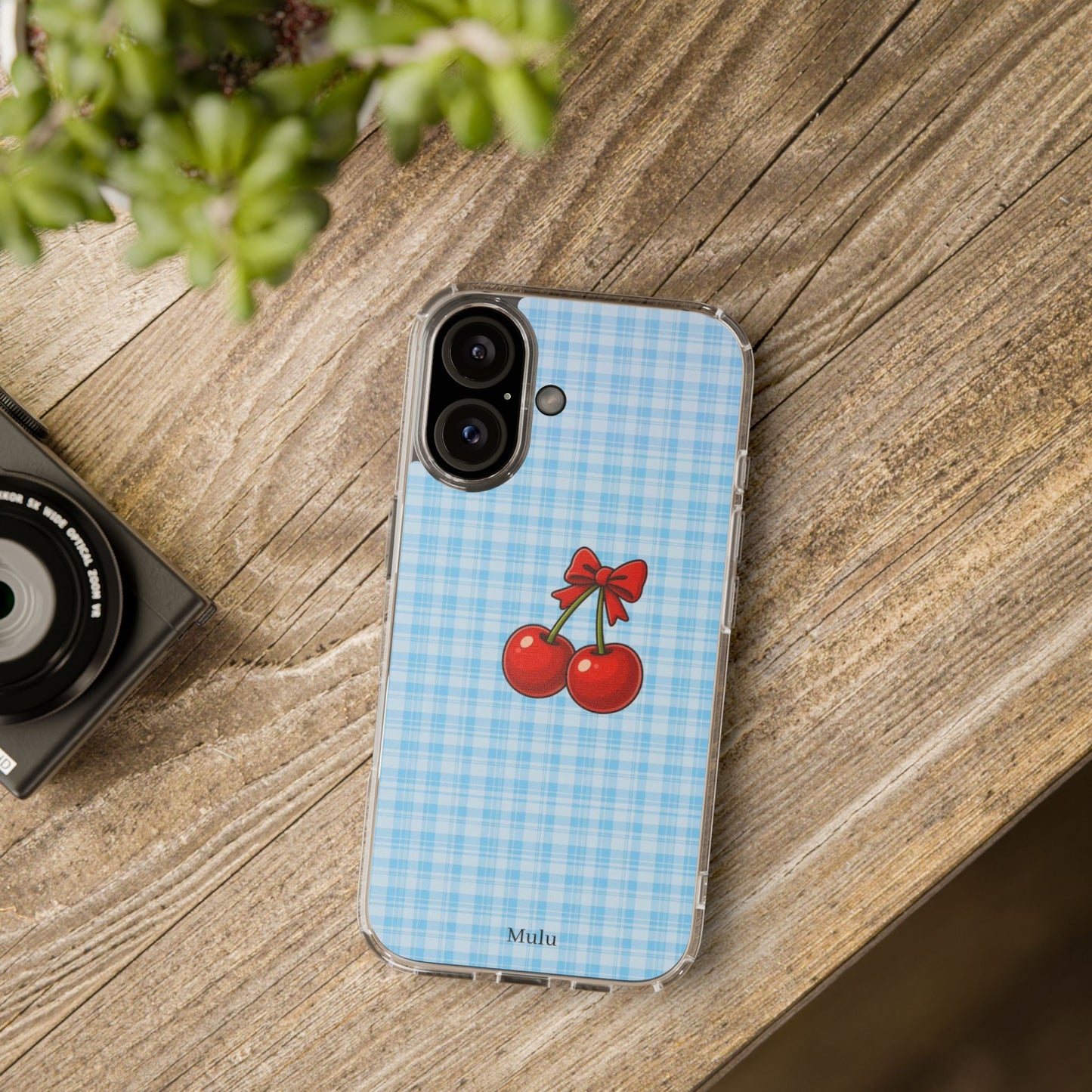 Clear Cherry Gingham Phone Case — Impact-Resistant Clear Case with Red Cherry Design