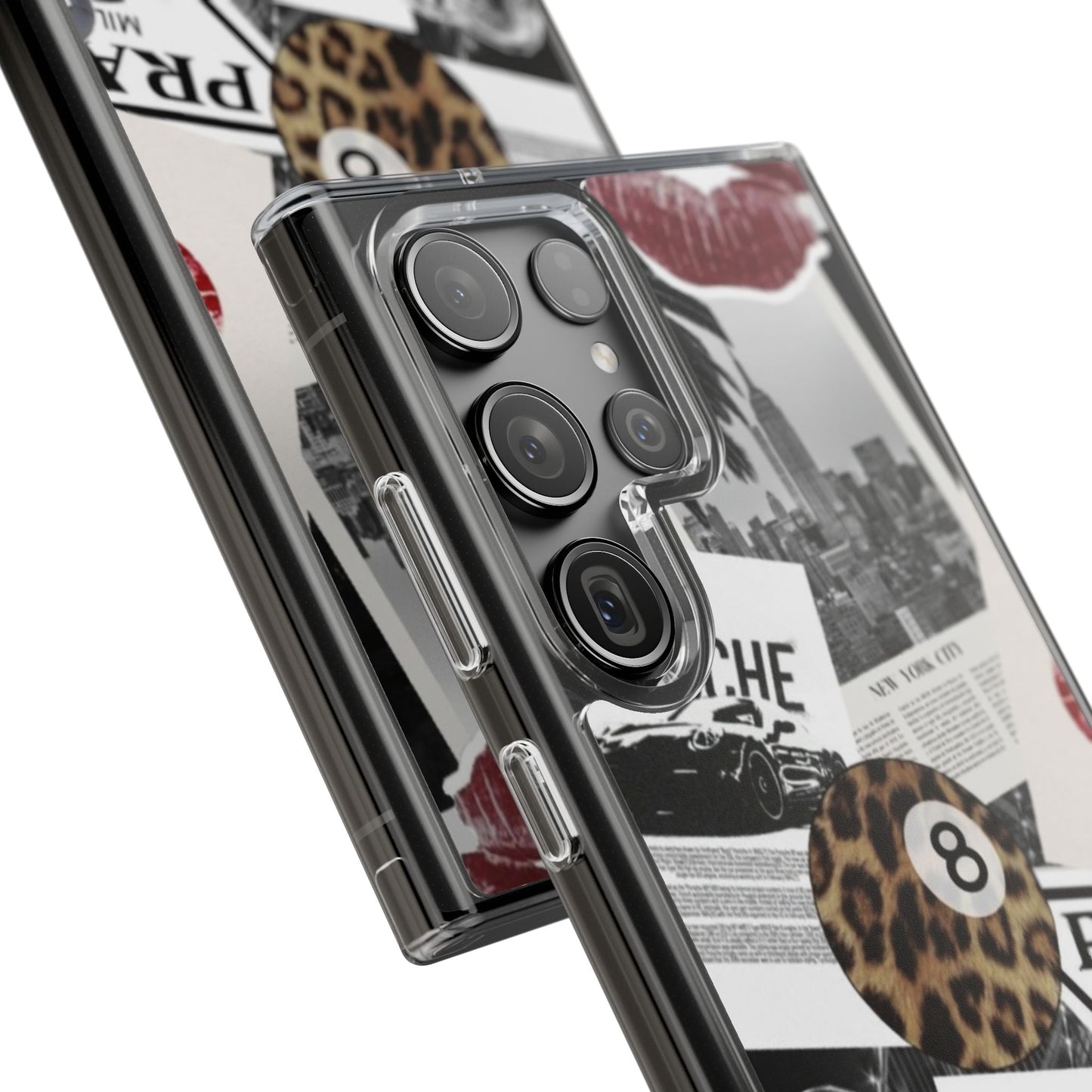 Clear Impact-Resistant Phone Case — Collage Luxury Leopard & Vintage Car Design